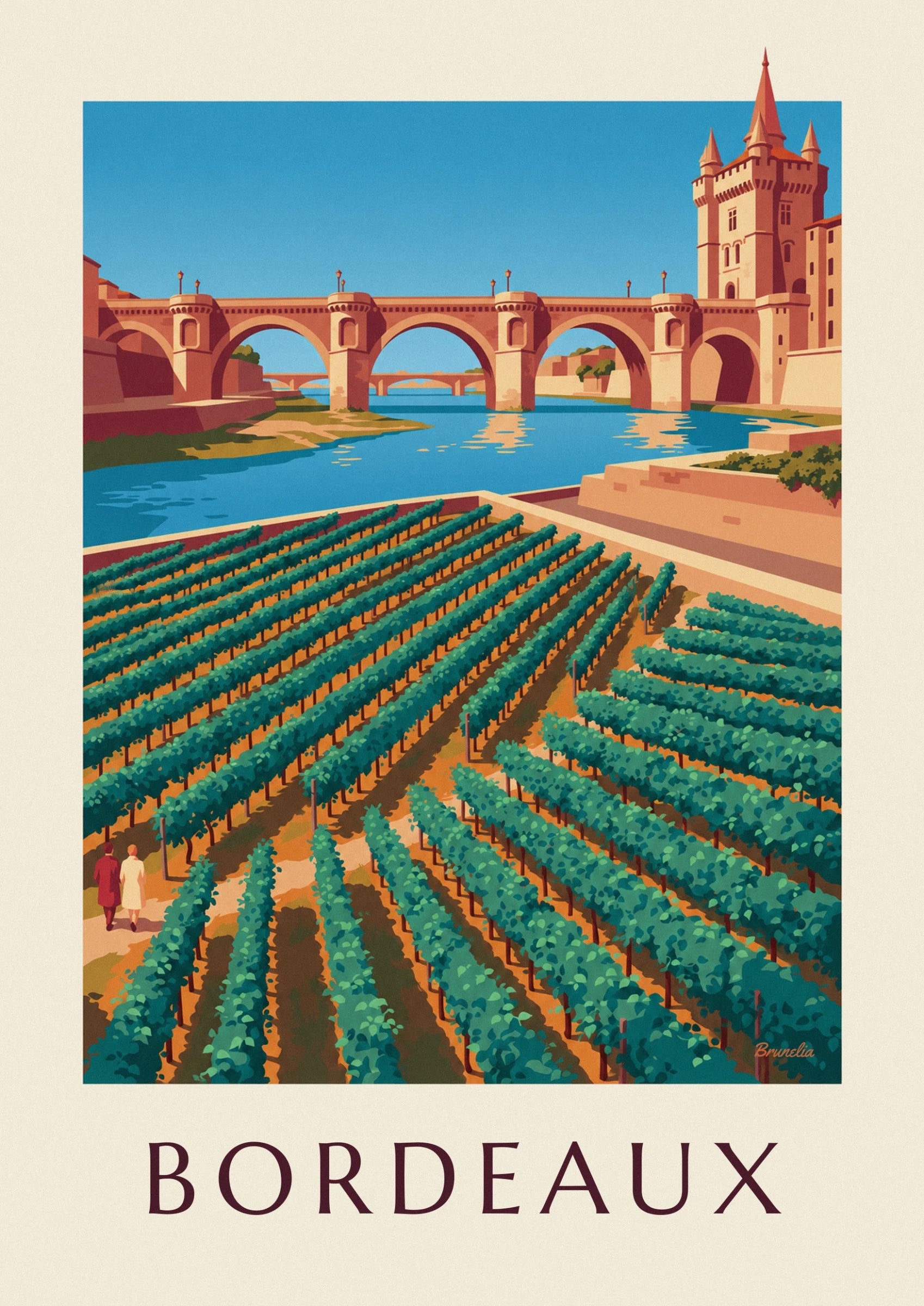 La tour crénelée à clochetons près du pont de pierre rose, au bord de l'eau