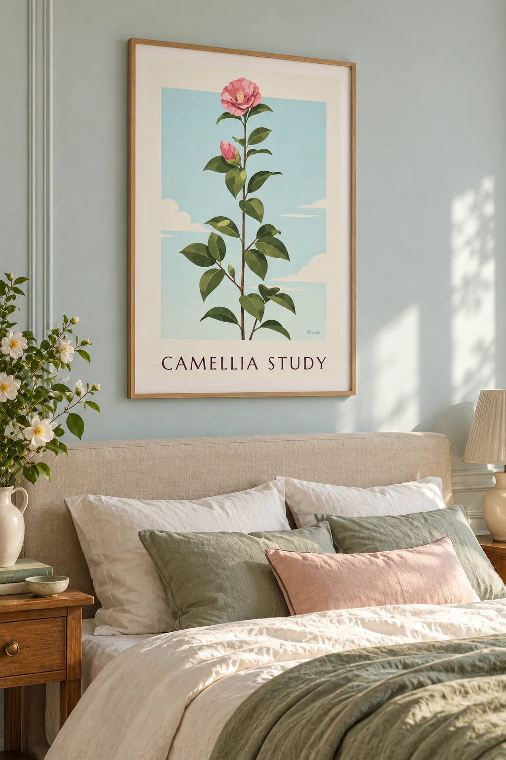 Pink camellia in bloom botanical plate poster on the wall