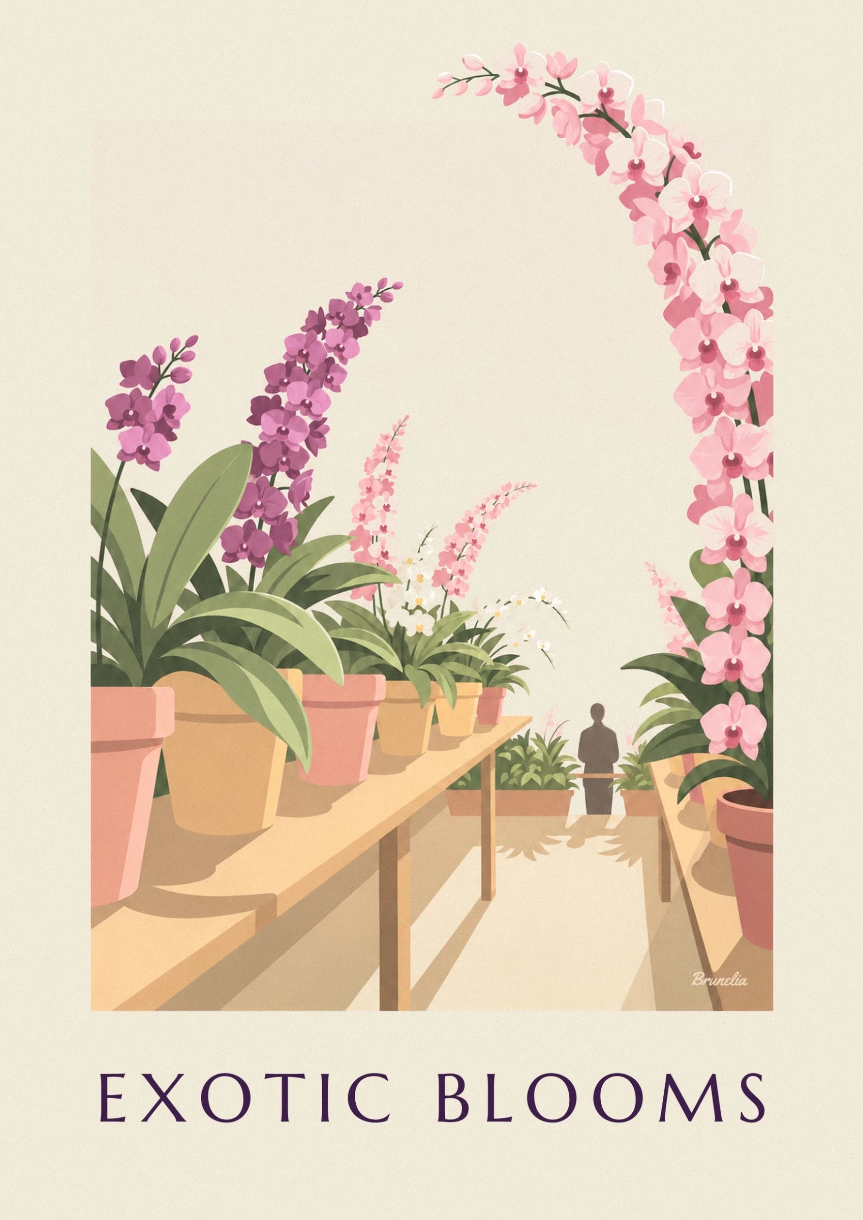 Une cascade d’orchidées roses et blanches au cœur pourpre sur fond crème