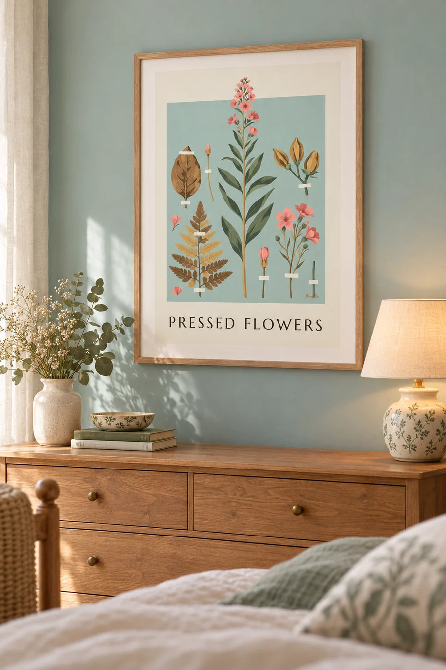 Poster Herbarium mit getrockneten Pflanzen und Blumen auf cremefarbenem Papier: gerahmt an der Wand