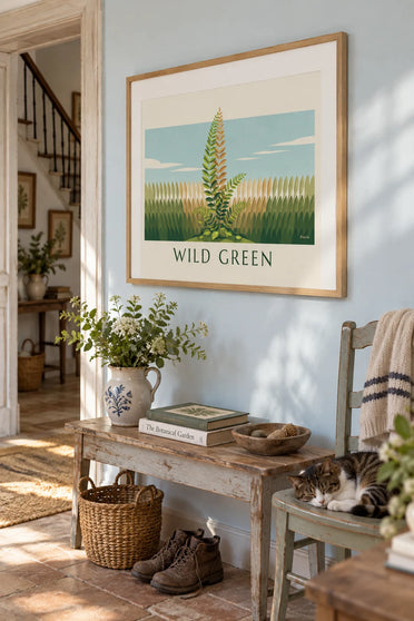 Poster Botanik grüner Farn, naturkundliche Studientafel: gerahmt an der Wand