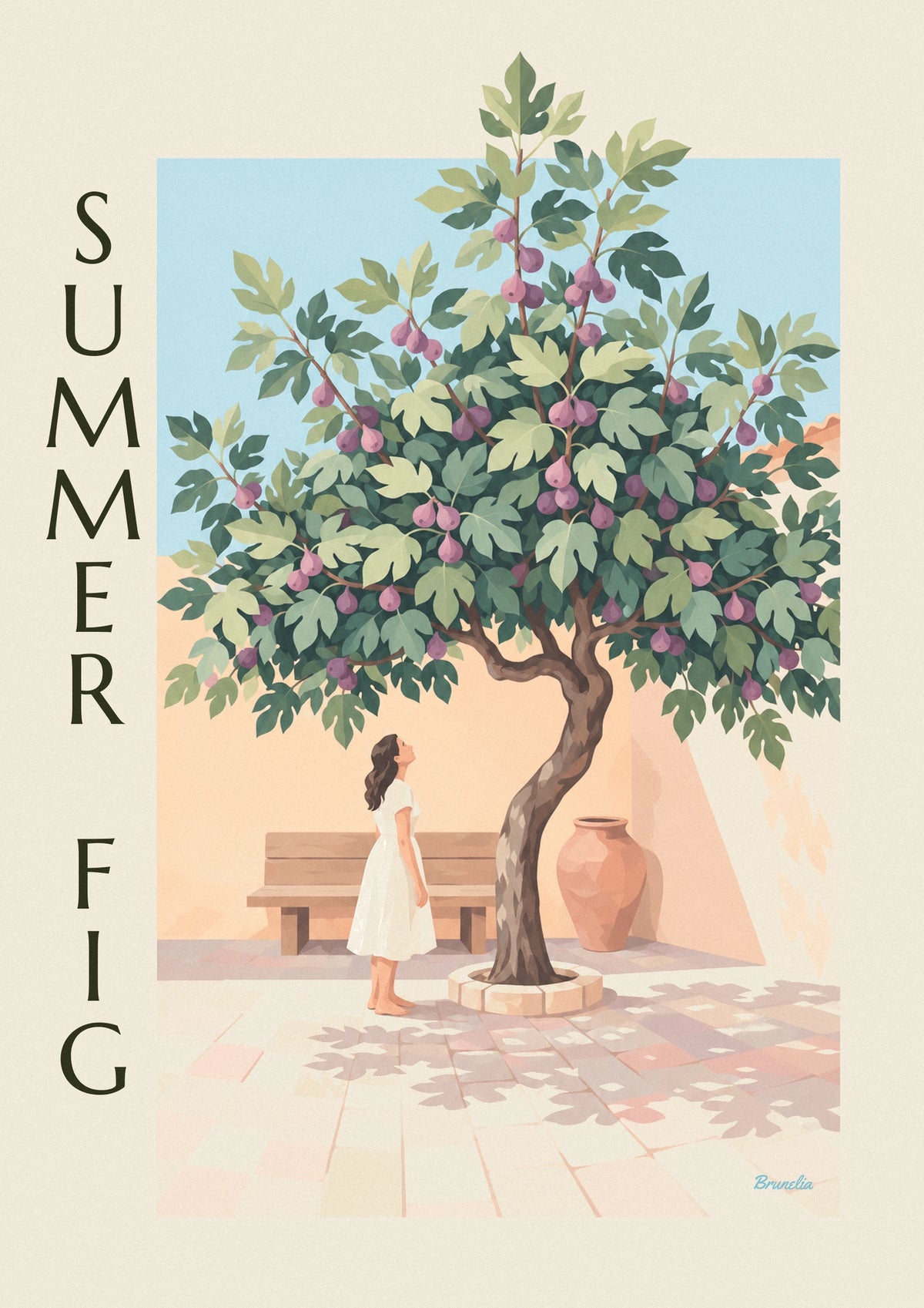 Poster Feigenbaum voller violetter Feigen in einem Steinhof