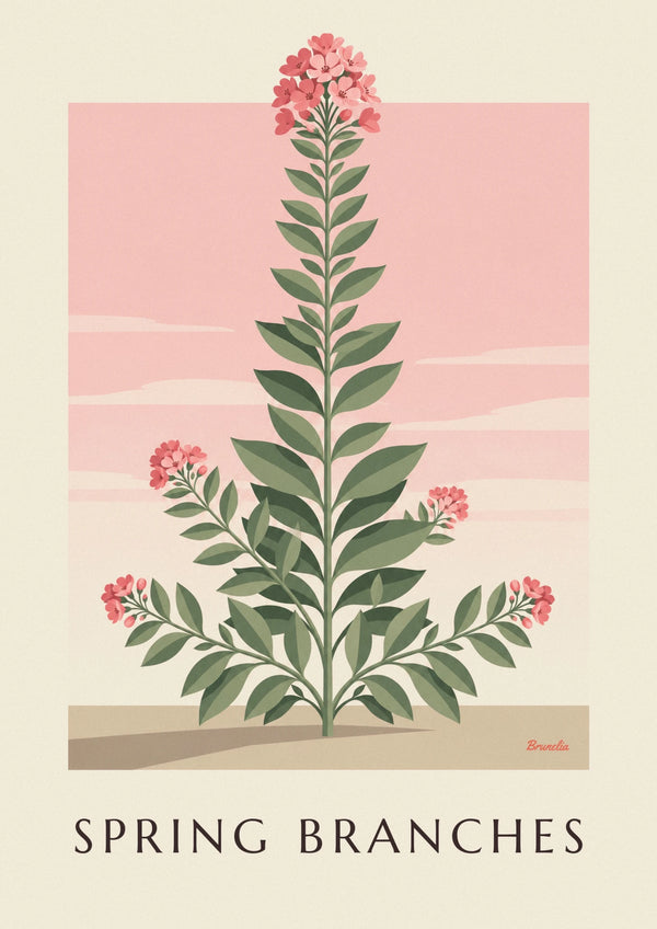 Leafy branches and pink spring flowers poster