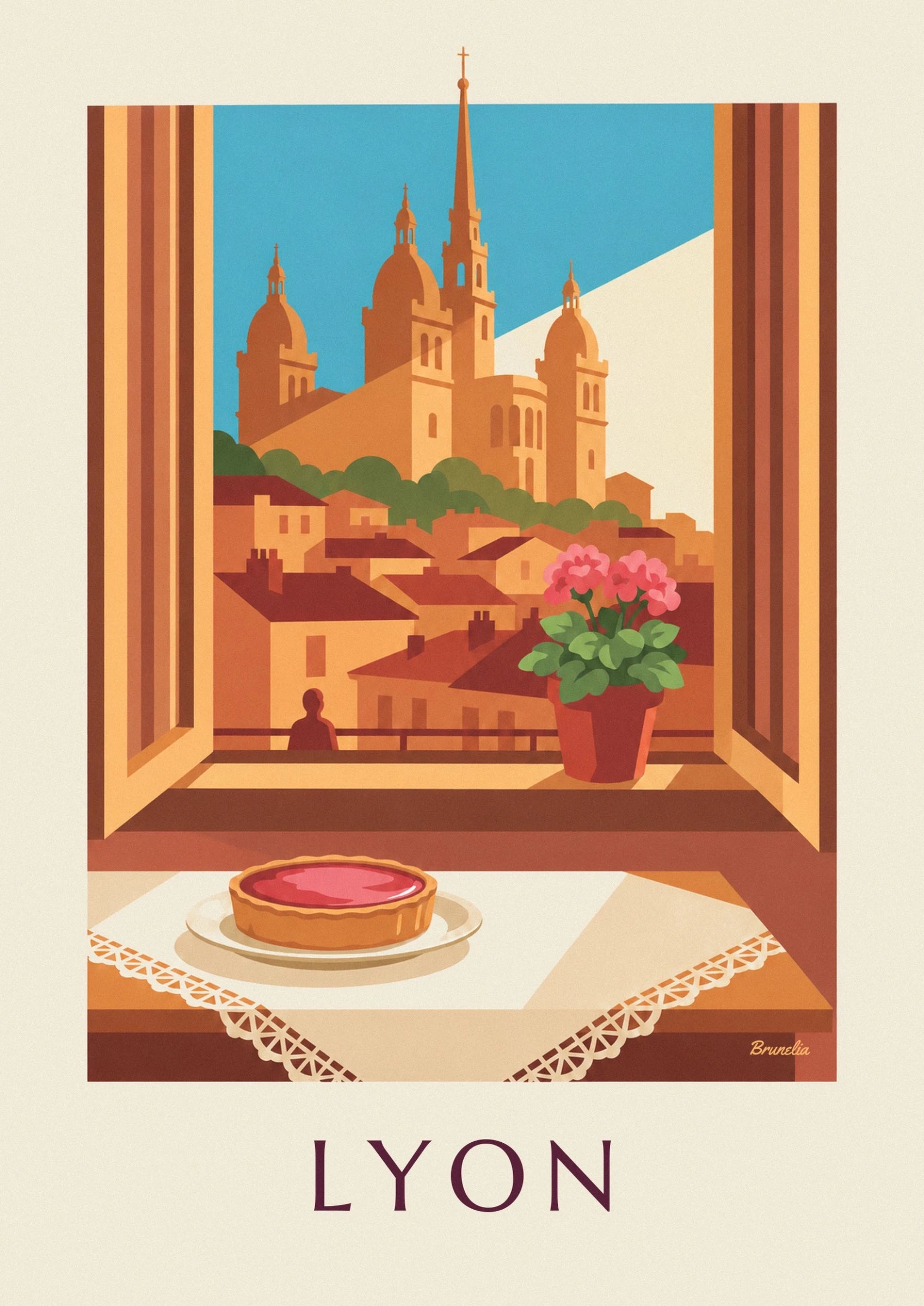 La tarte aux pralines roses dans son assiette, sur une nappe bordée de dentelle