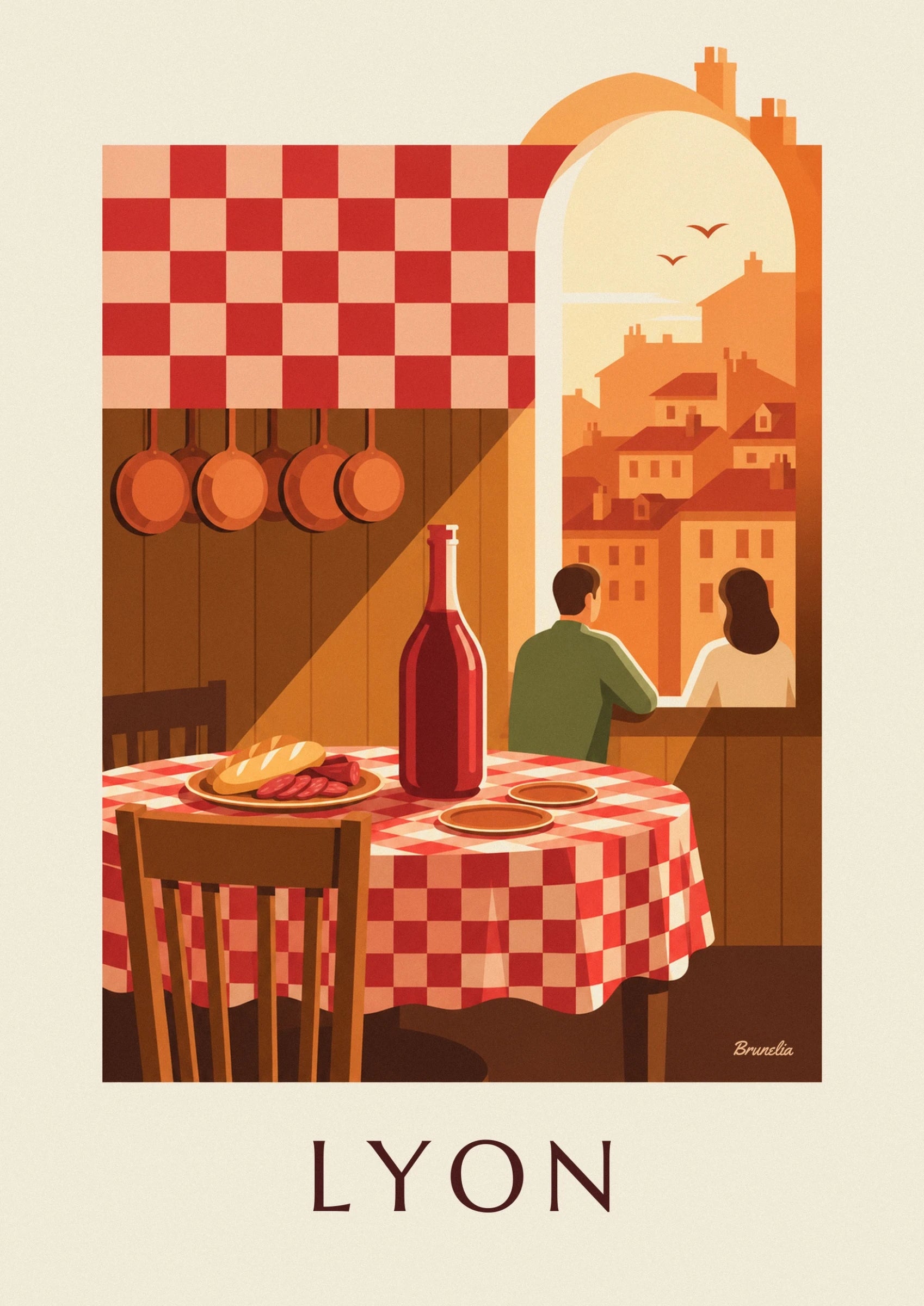 The 2 customers seen from behind in green and cream, facing the orange façades