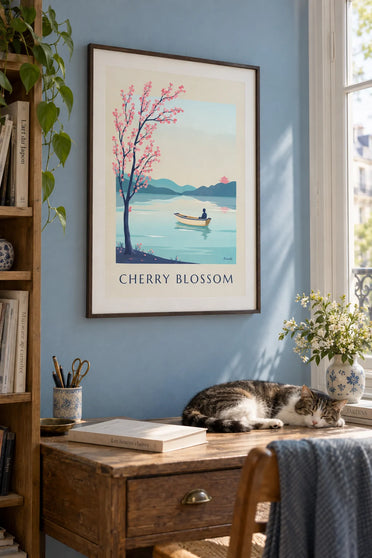 Cherry blossom branch over a Japanese lake poster: framed on the wall