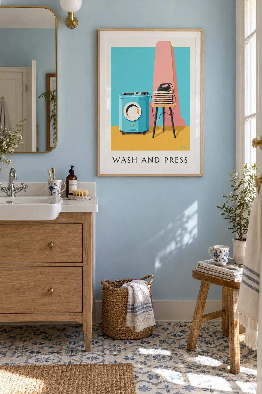 Poster of laundry and ironing with a front-loading washing machine: framed on the wall
