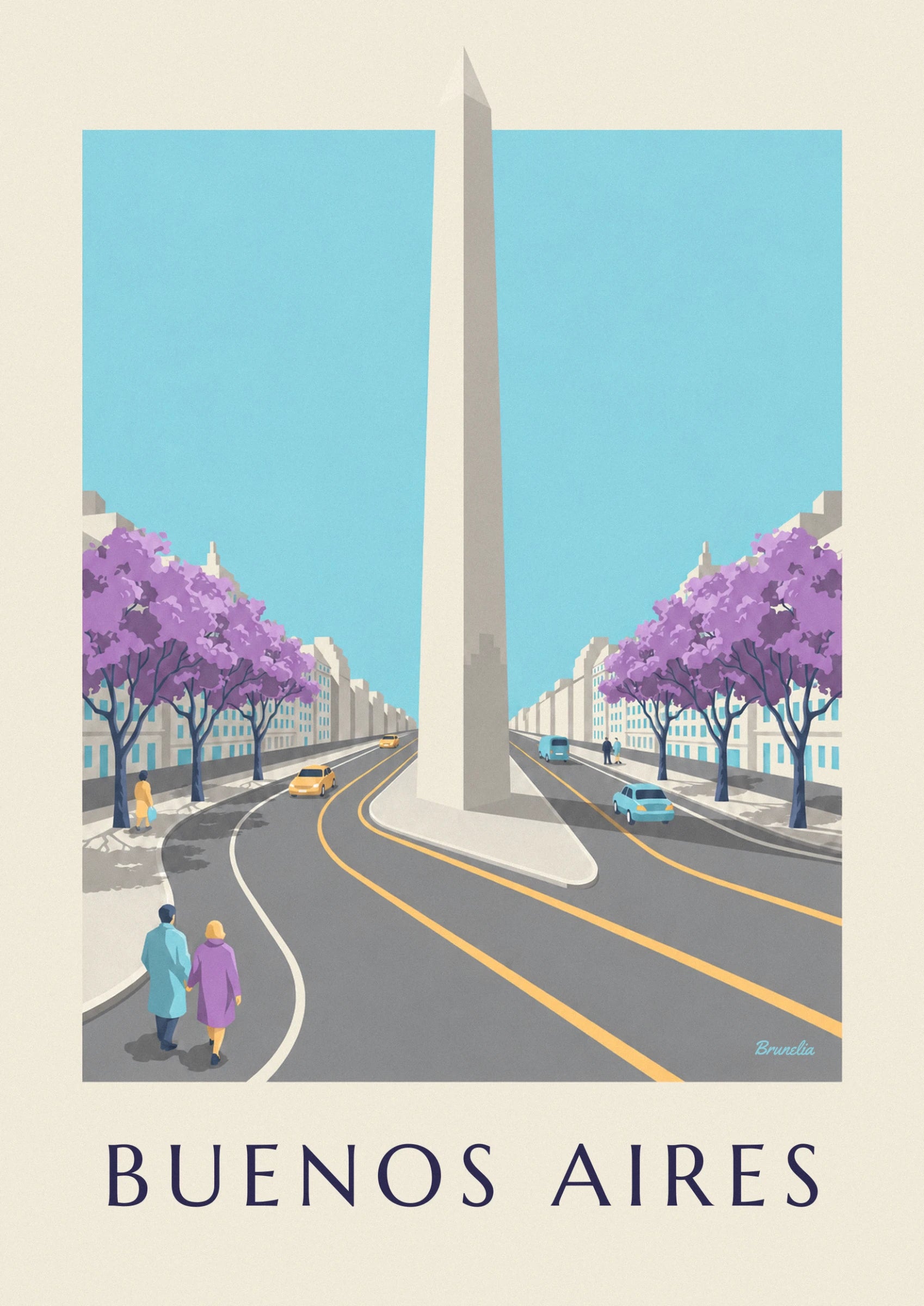 L'obélisque se dresse sur son îlot, entre taxis jaunes et jacaranda en fleurs