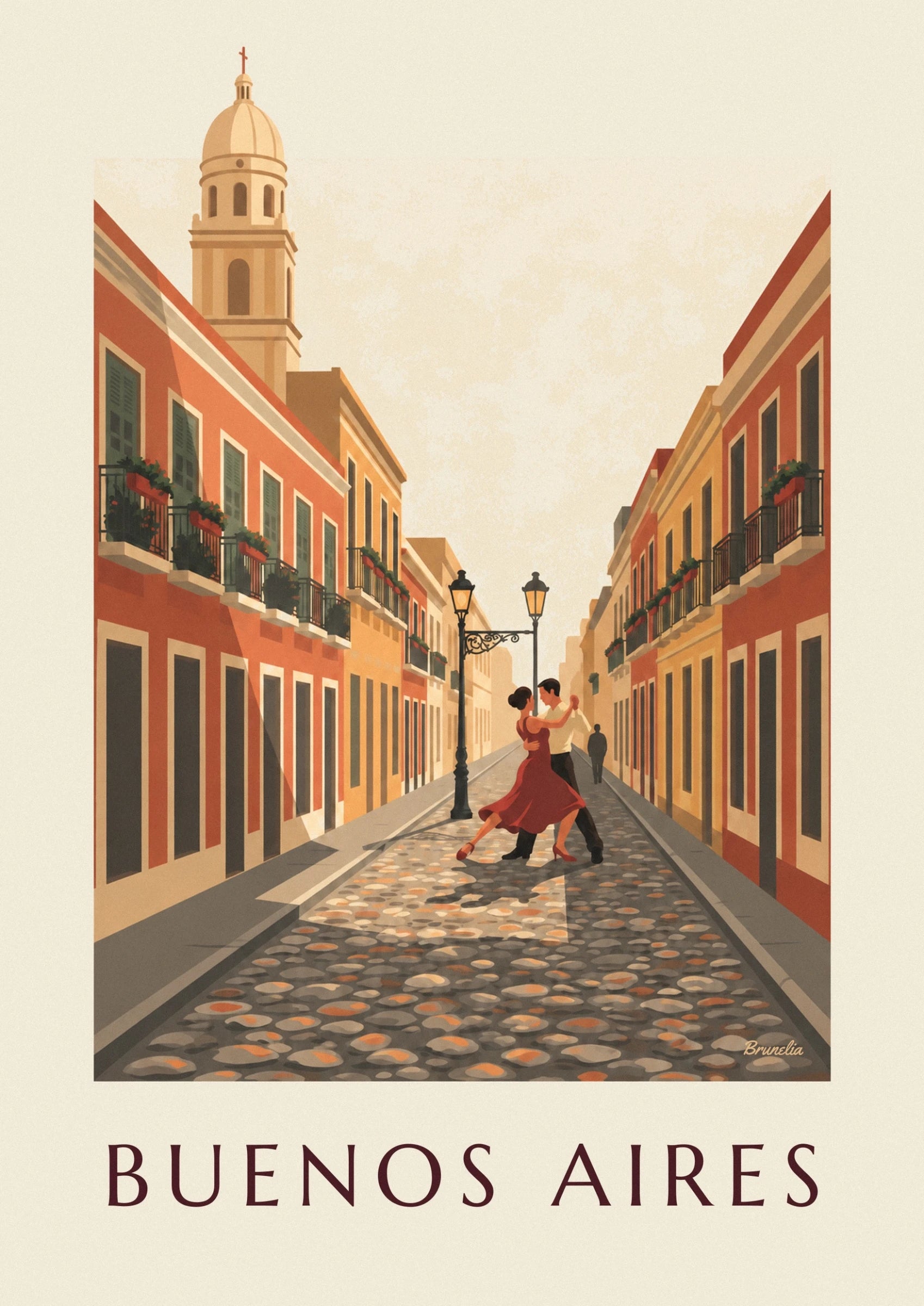 A tango couple in a red dress and pale shirt, on the cobbled street in San Telmo