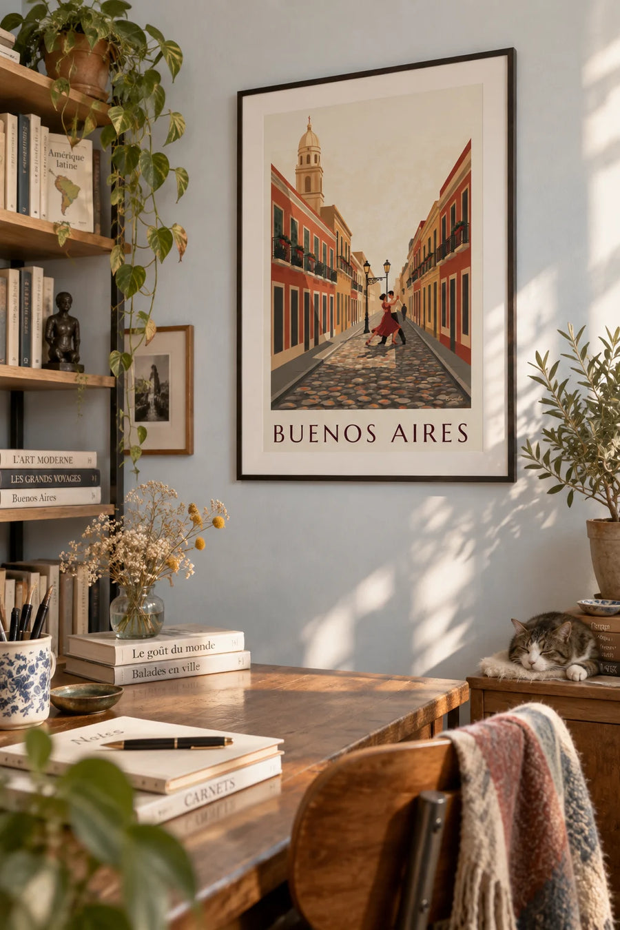 Poster of a cobblestone street in San Telmo, Buenos Aires, with tango dancers: framed on the wall