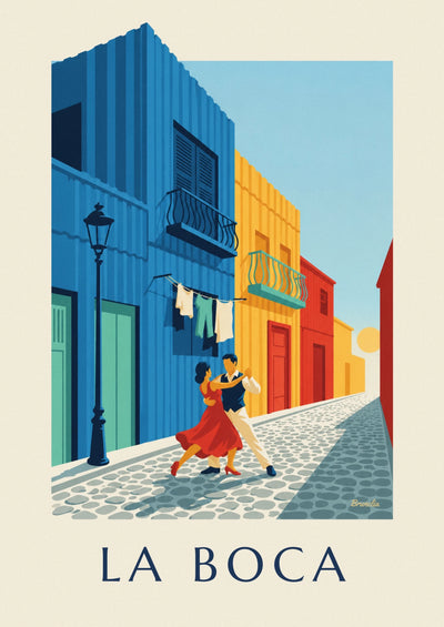 Affiche couple de tango devant les maisons colorées de La Boca : l'affiche entière