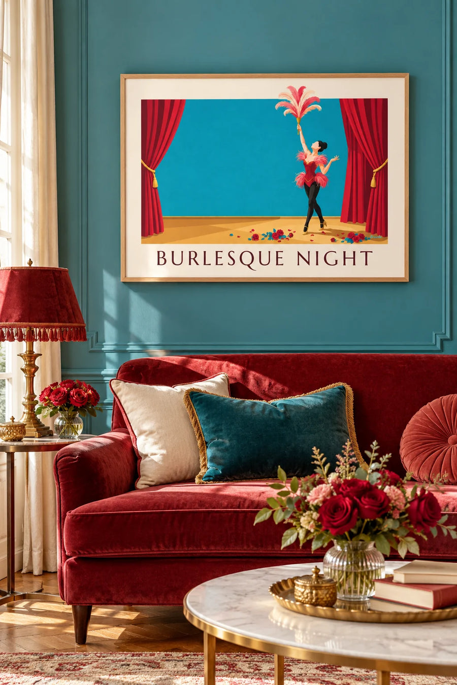 Poster burlesque cabaretdanseres in korset en veren: ingelijst aan de muur