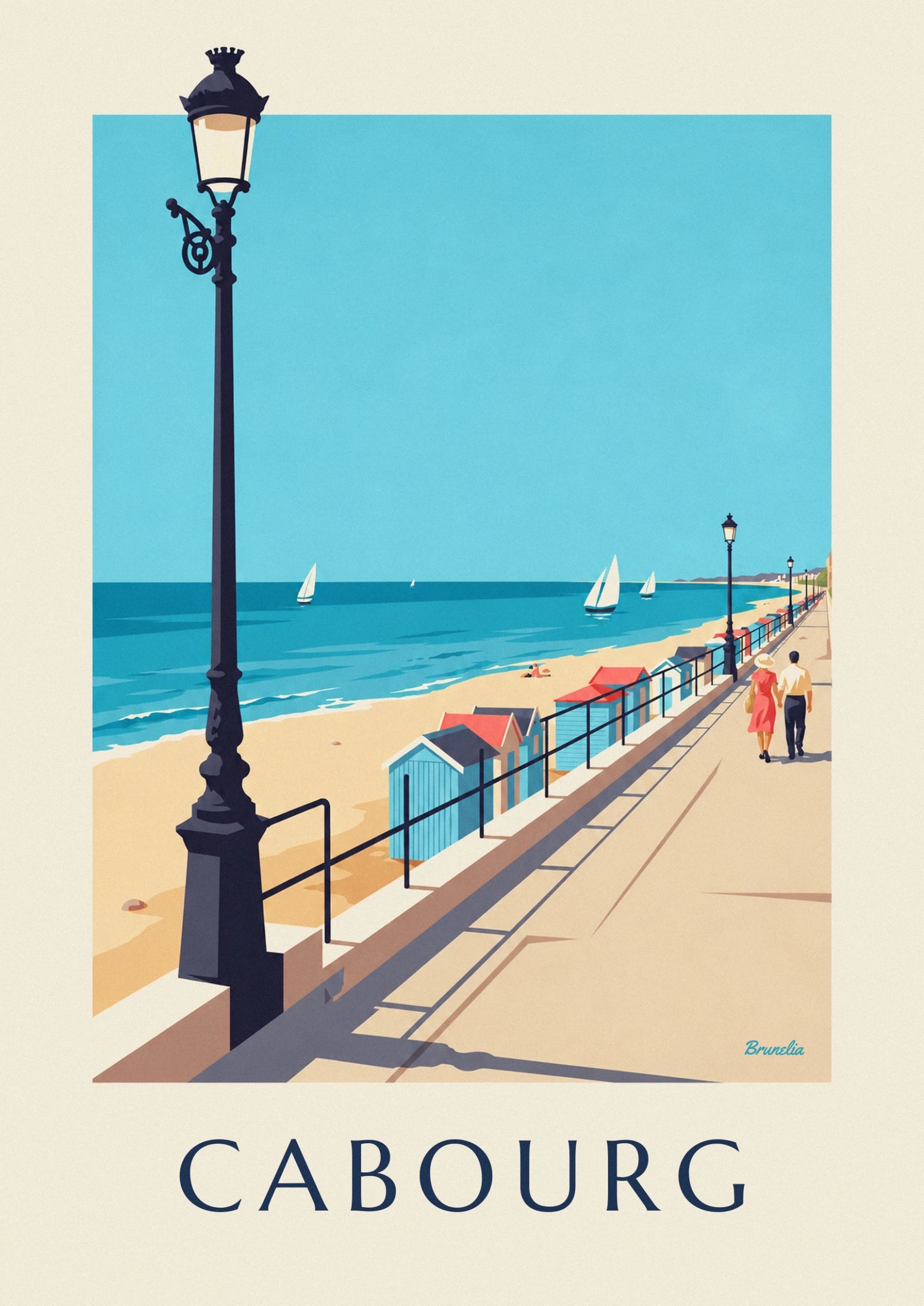 Les cabines de plage bleues aux toits rouges et gris derrière la rambarde noire