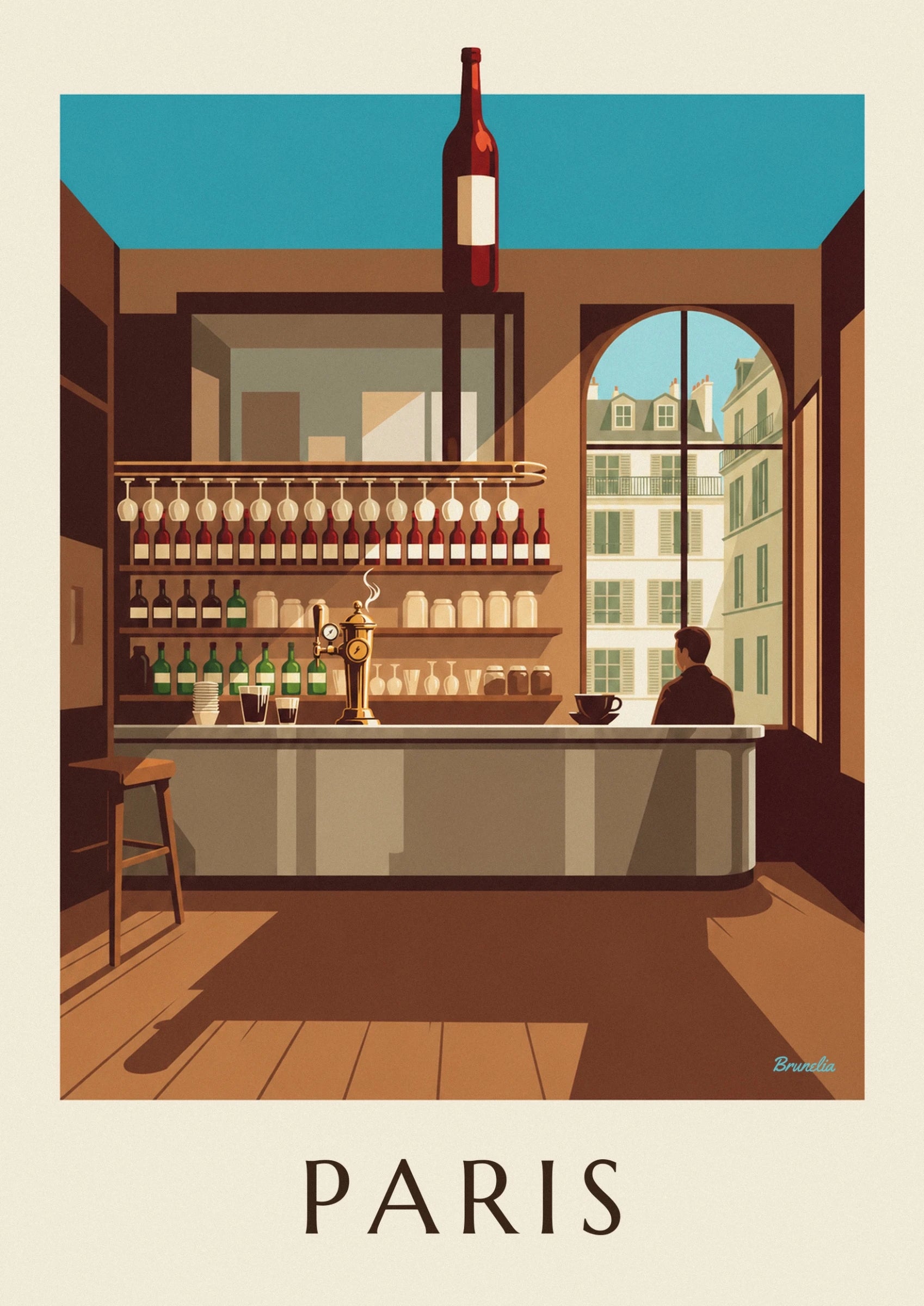 La pompe à bière en laiton et les bouteilles de vin alignées sous les verres suspendus