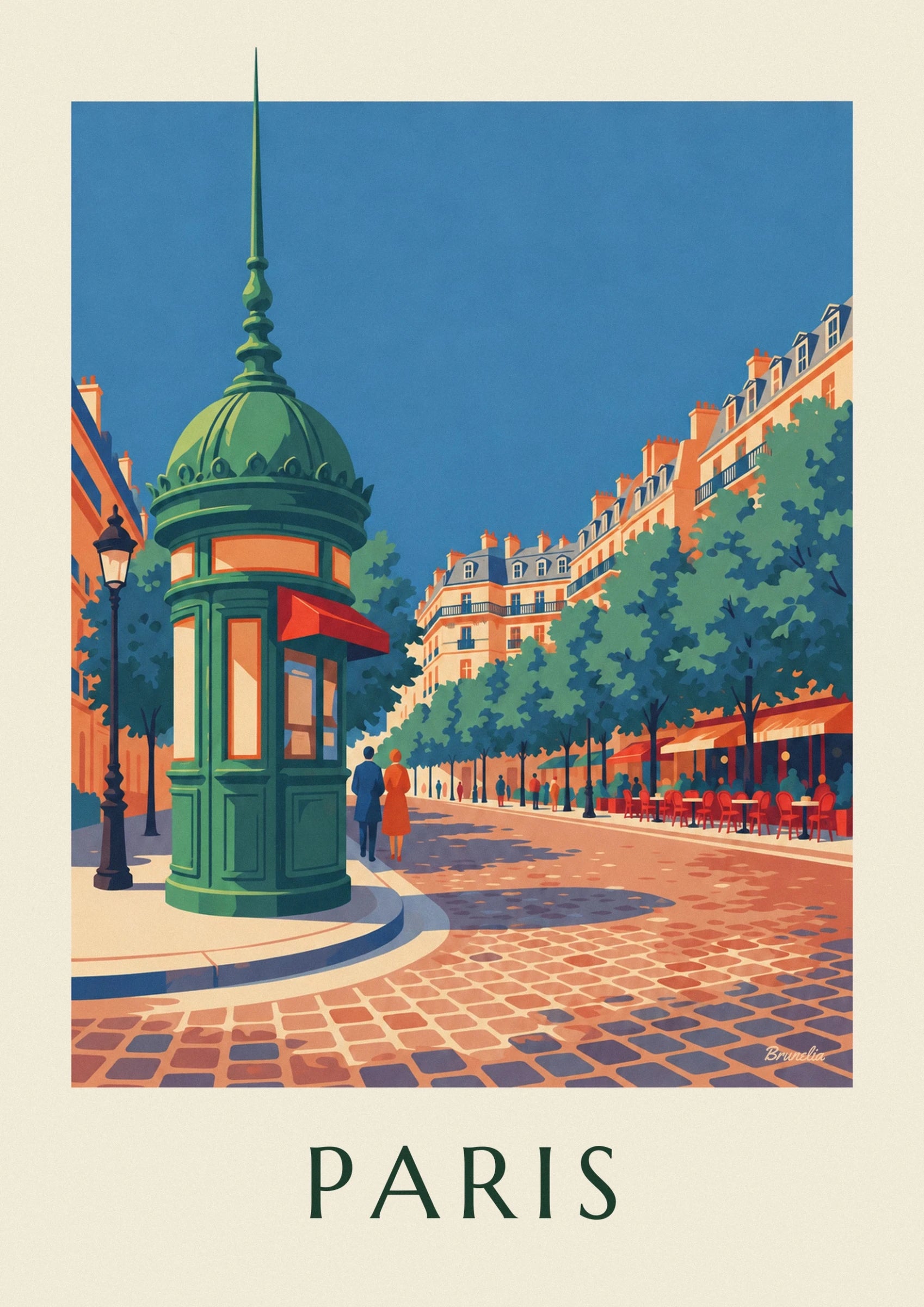 The green domed kiosk and its red awning, with a couple walking past the street lamp