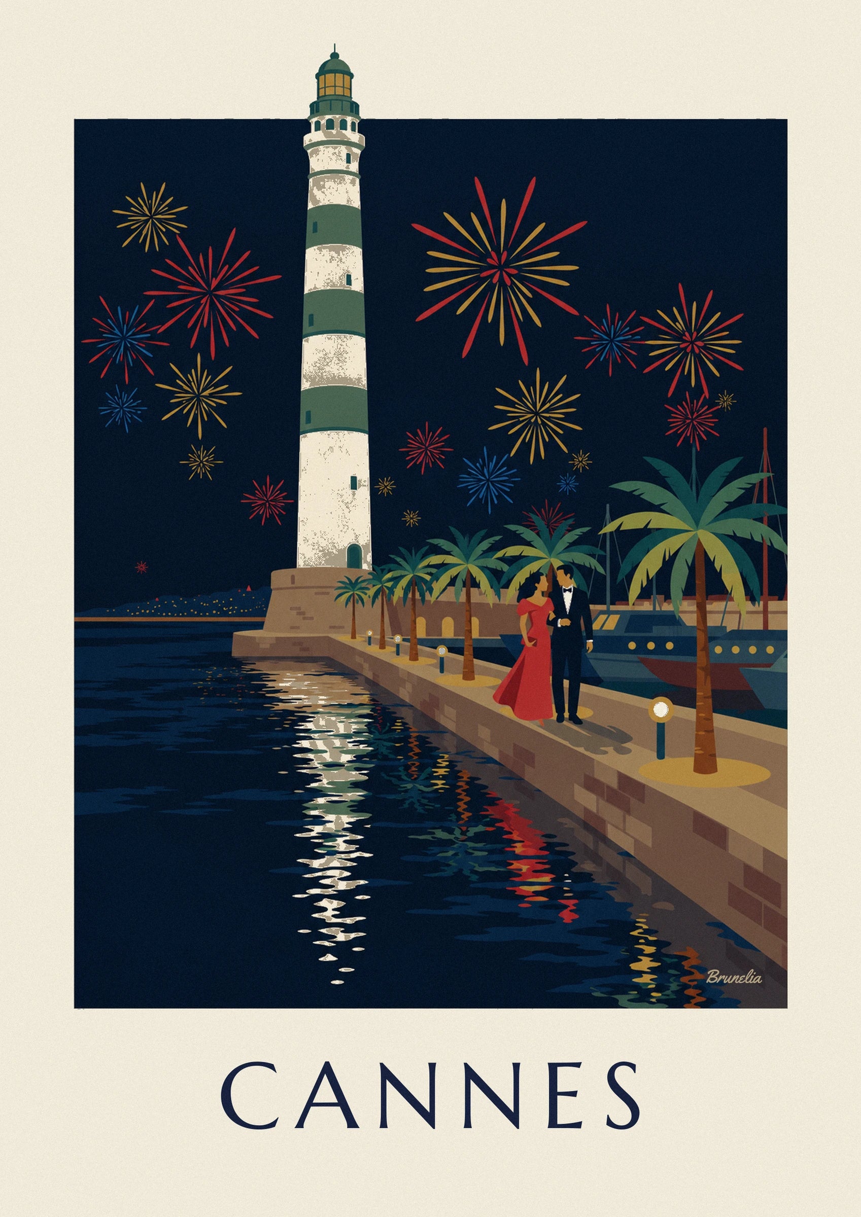 The couple in a red dress and black dinner suit strolling along the quay between palm trees and yachts