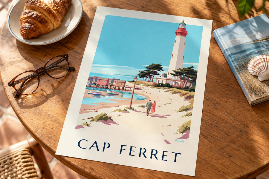 Affiche phare et cabanes ostréicoles du Cap Ferret : posée sur une table