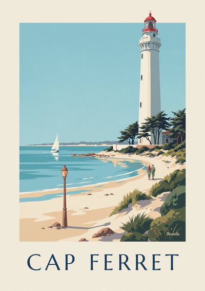 Affiche phare du Cap Ferret, pins et promeneurs sur la plage : l'affiche entière