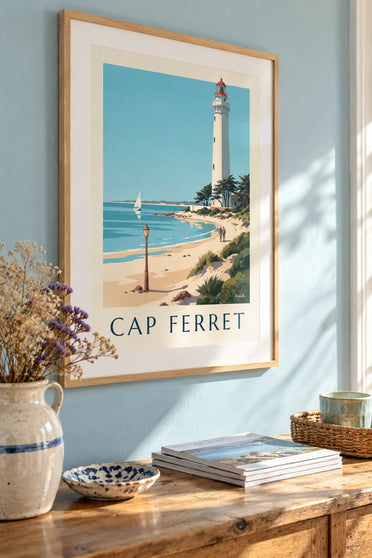 Poster of the Cap Ferret lighthouse, pines and strollers on the beach: framed on the wall