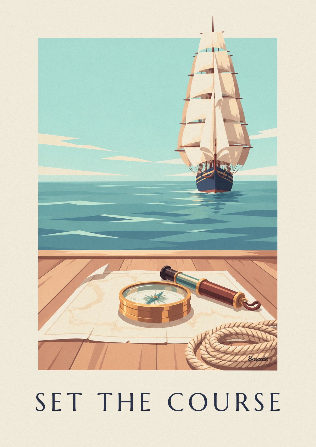 Poster nautischer Kompass aus Messing auf einer Seekarte