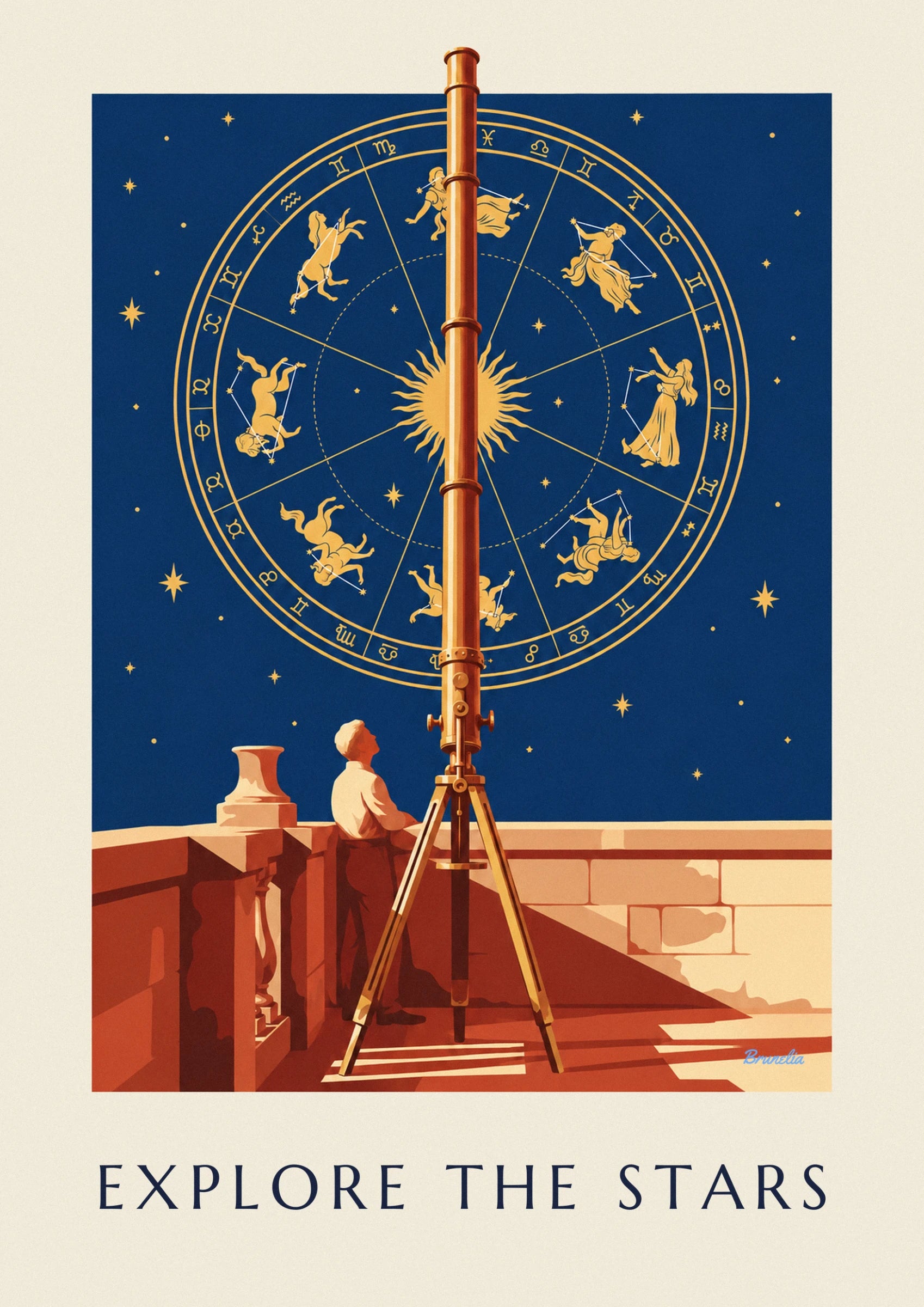Der Astronom im hellen Hemd, der sich neben dem Messingteleskop auf dem Stativ an die niedrige Mauer lehnt