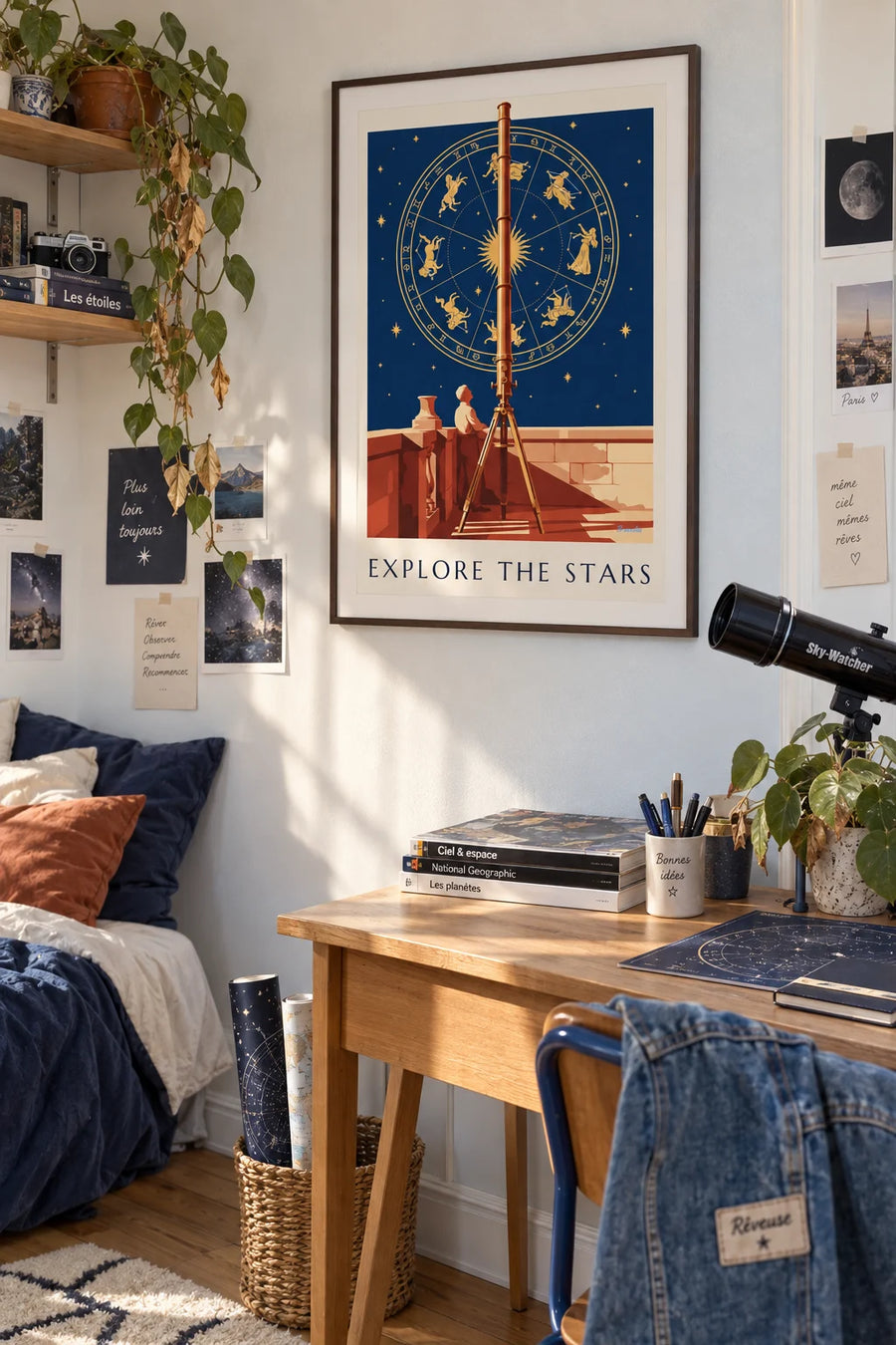 Poster Sternkarte, Sternbilder und Teleskop aus Messing: gerahmt an der Wand