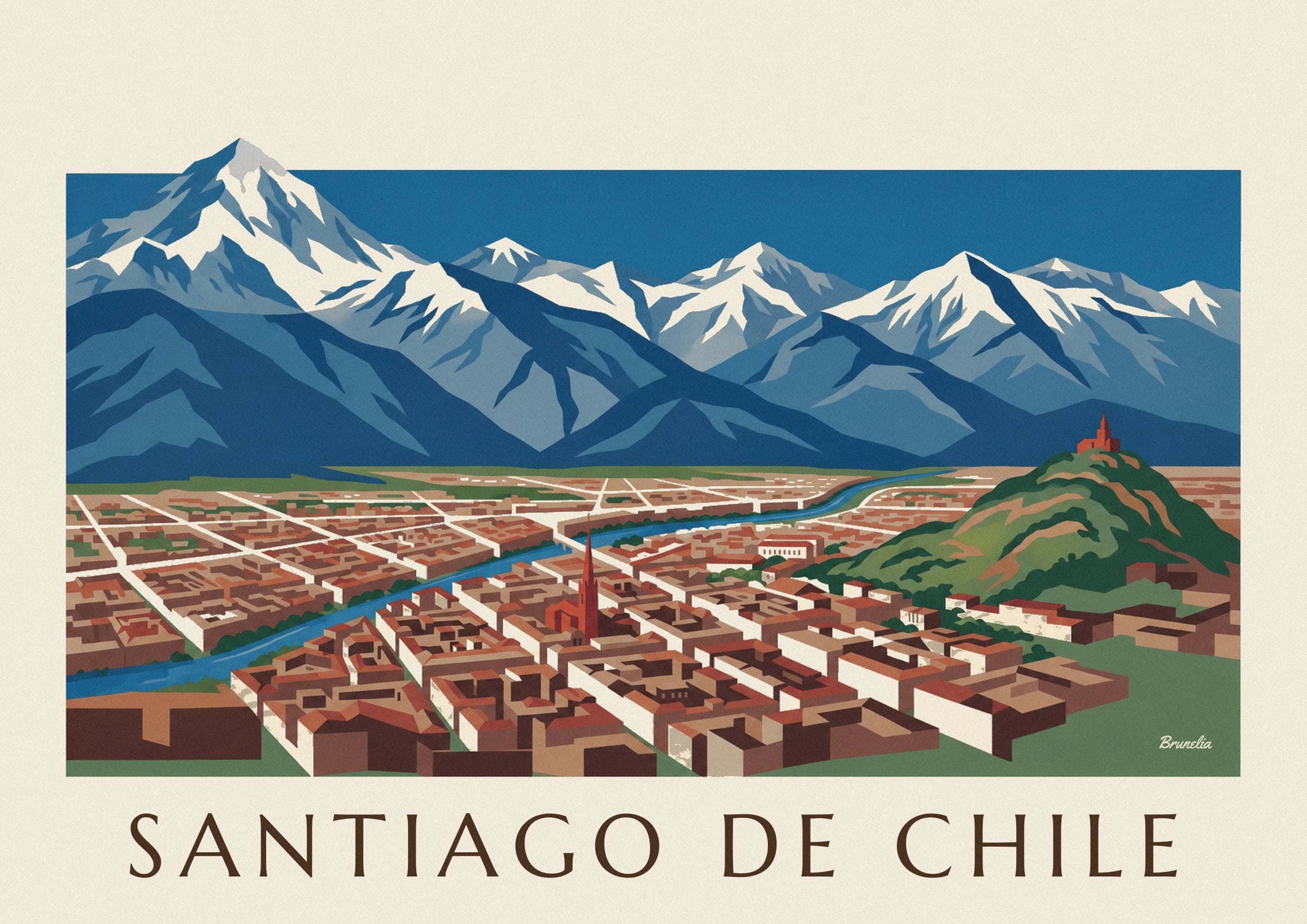 Poster geïllustreerde kaart van Santiago de Chile en de Andes: detail in close-up
