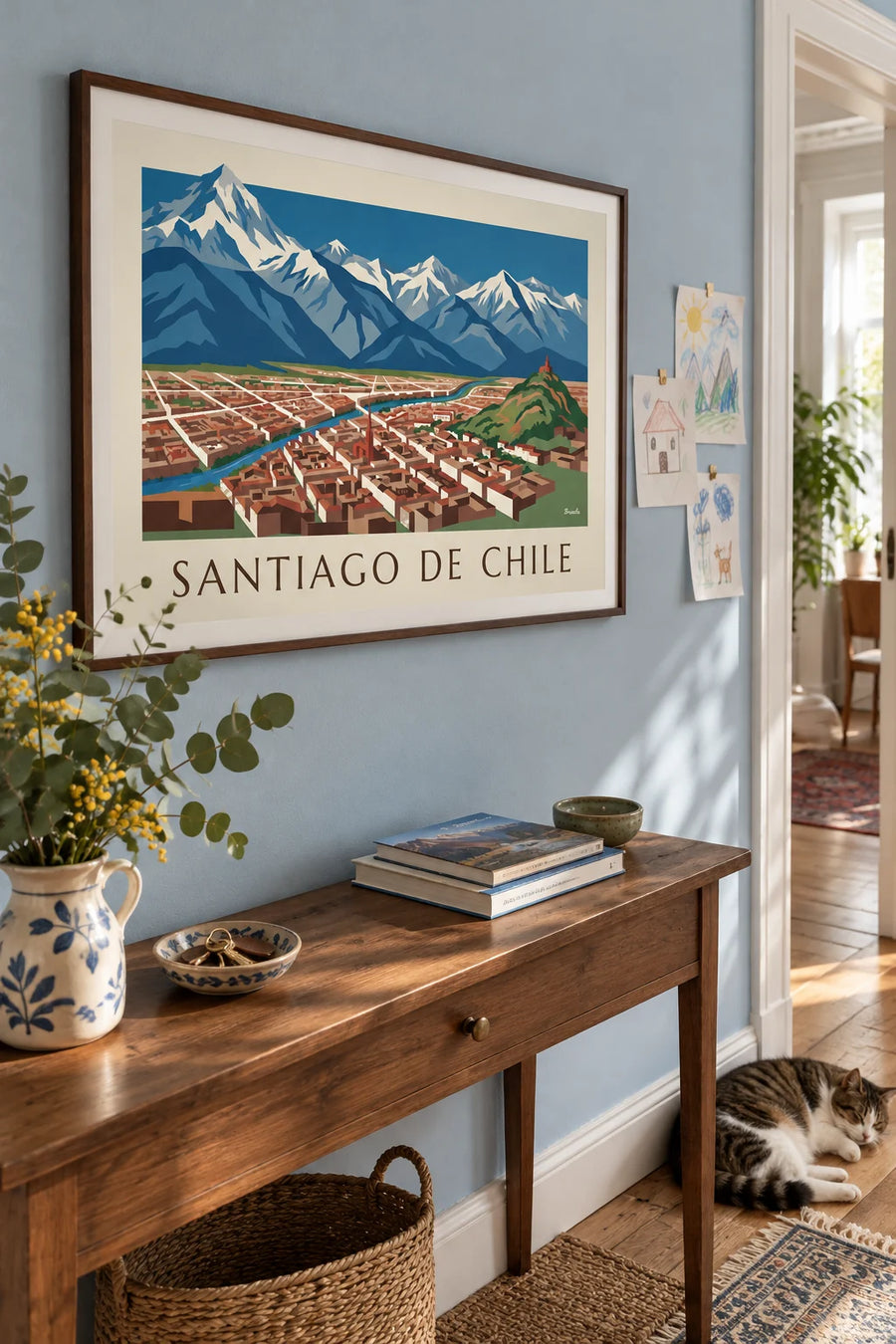 Poster met geïllustreerde kaart van Santiago de Chile en de Andes: ingelijst aan de muur