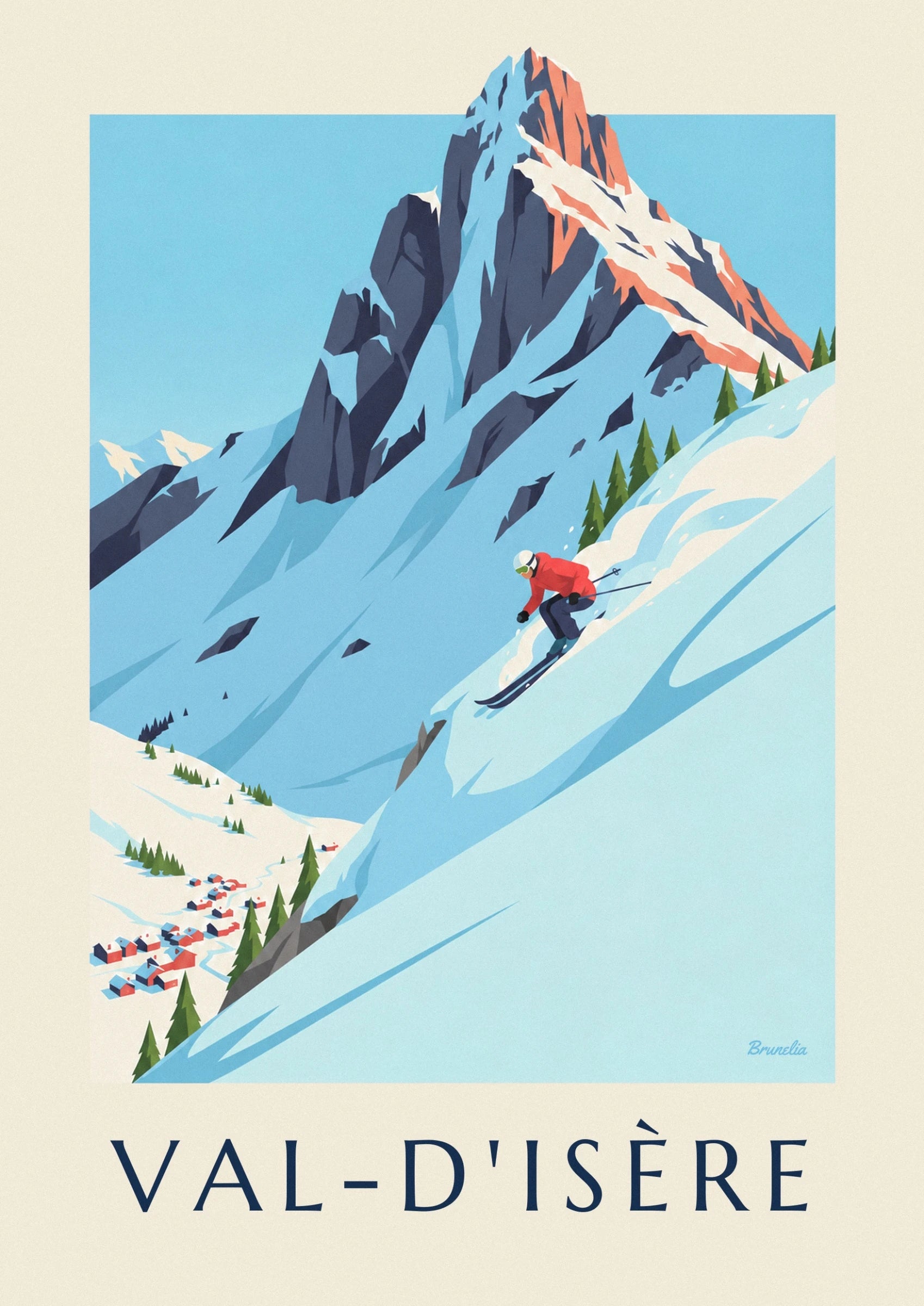 Le skieur en veste rouge et casque blanc qui descend la pente de poudreuse, près des sapins