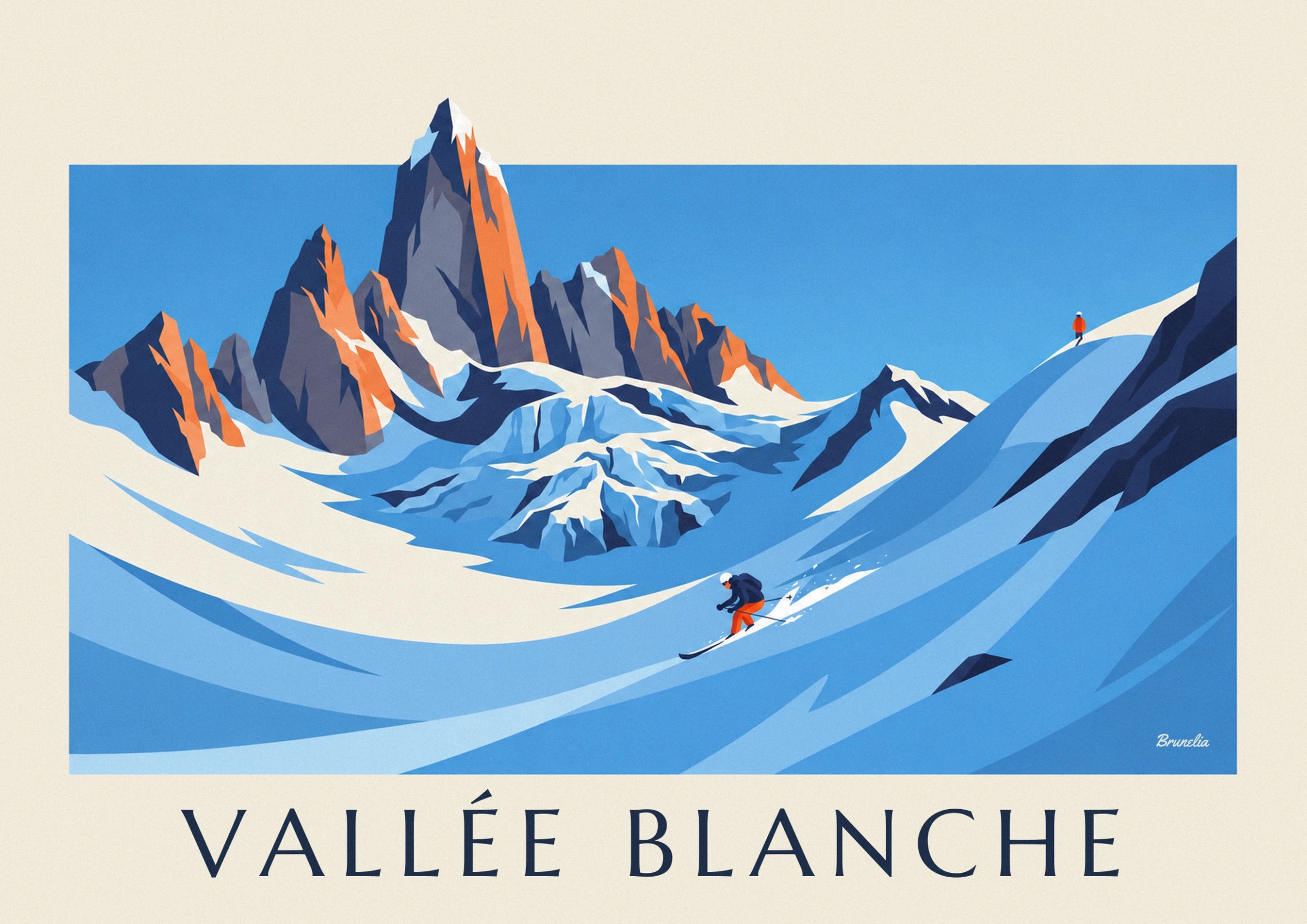 Aiguilles de roche orange et grise au-dessus des séracs bleus du glacier