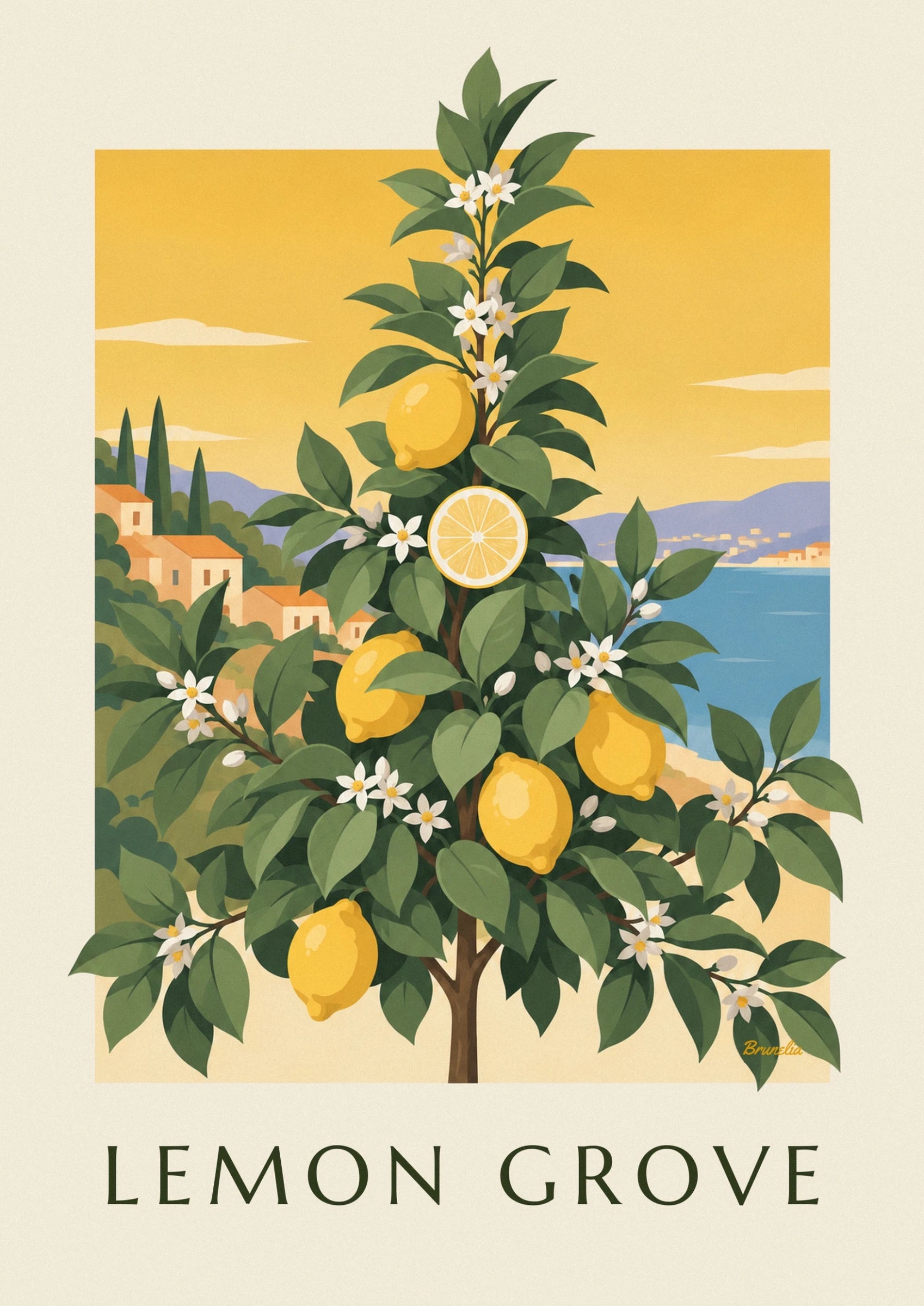 Un citron jaune, une rondelle et des fleurs blanches parmi les feuilles vertes