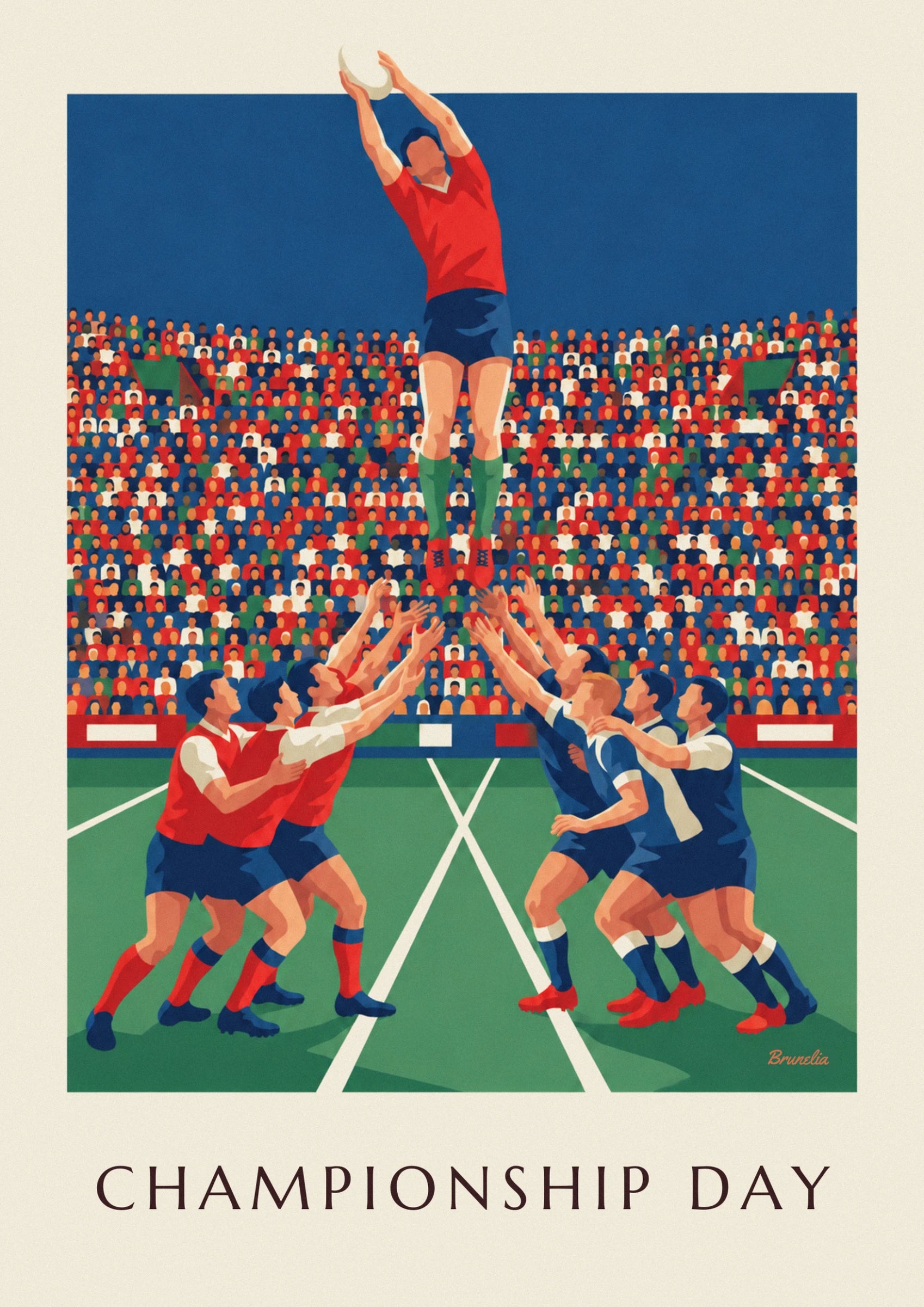 Le sauteur en maillot rouge et short bleu, bras tendus vers le ciel, devant les tribunes
