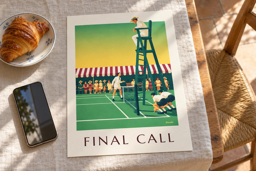 Affiche arbitre de chaise au bord du court de tennis en gazon : posée sur une table