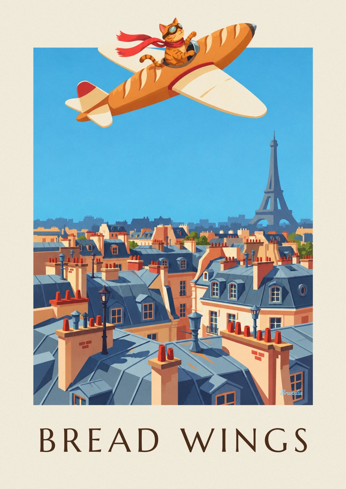 Affiche chat pilote dans un avion en forme de baguette