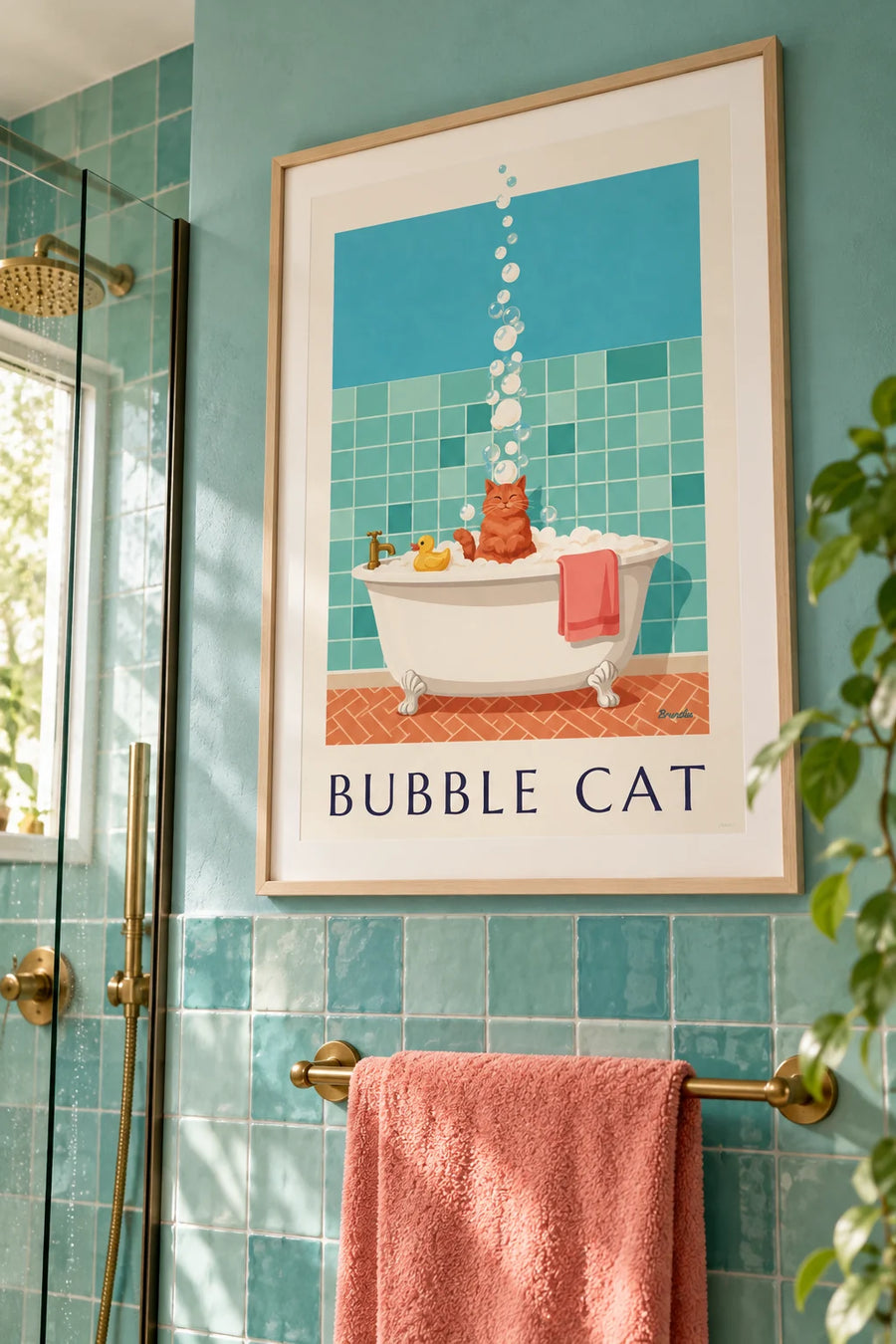 Poster kat in een bad vol schuim: ingelijst aan de muur