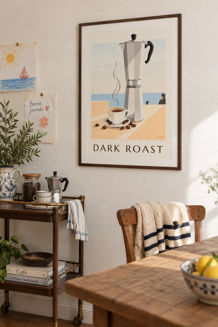Poster of an espresso cup, roasted coffee beans and a coffee pot: framed on the wall