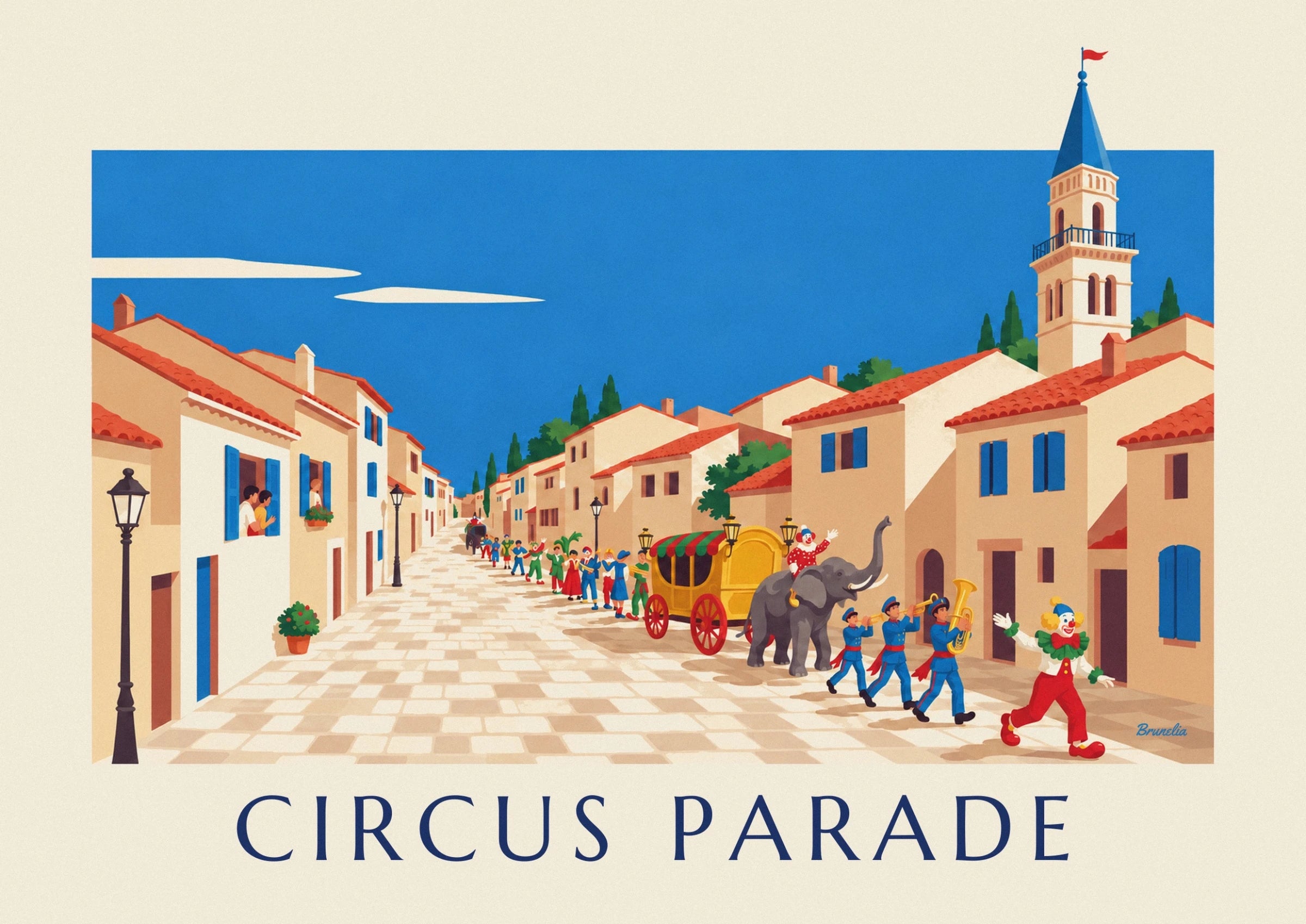 Die bunte Parade in der Dorfstraße, zwischen den Häusern und schwarzen Straßenlaternen