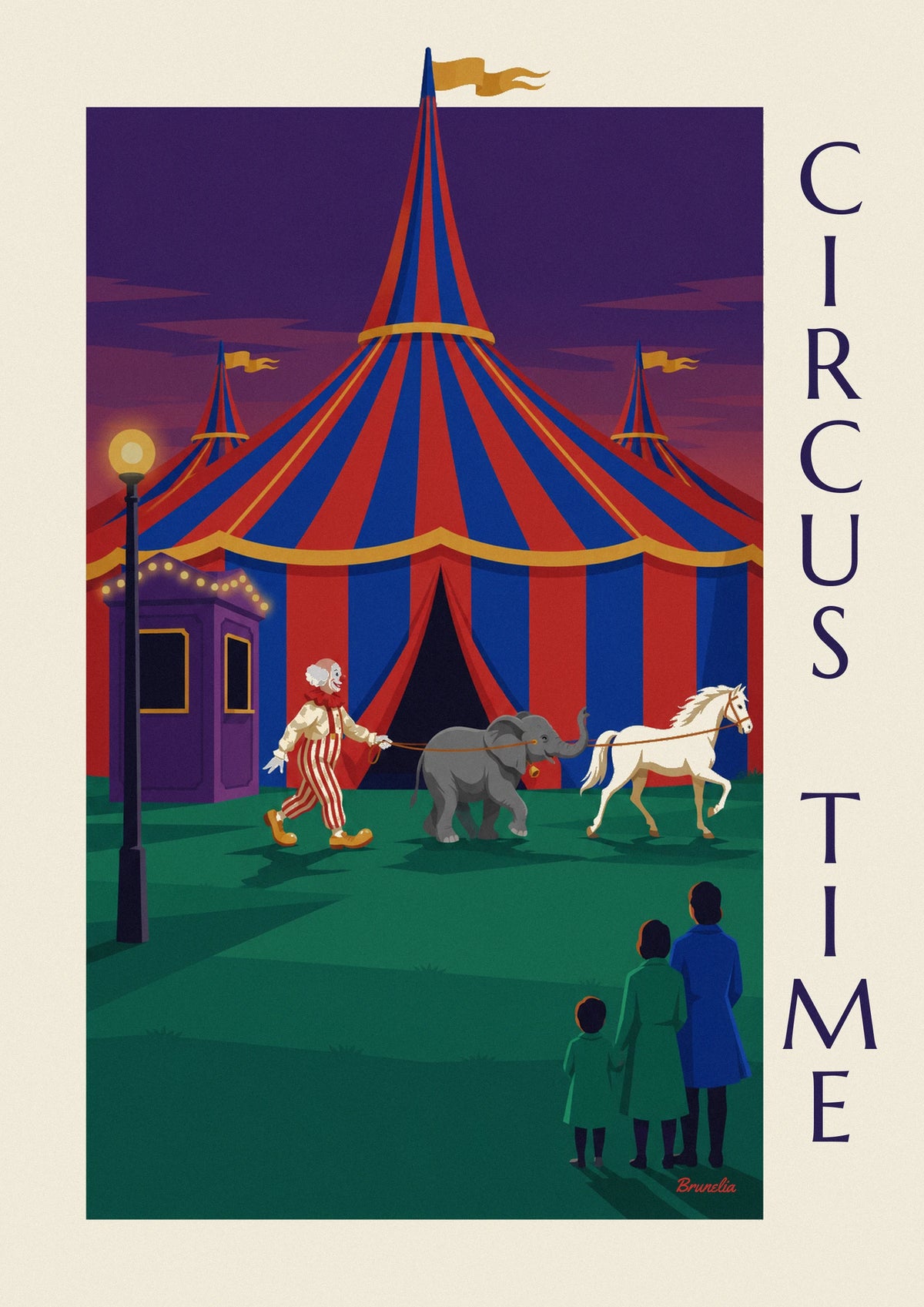 Affiche clown, éléphanteau et cheval blanc devant le chapiteau