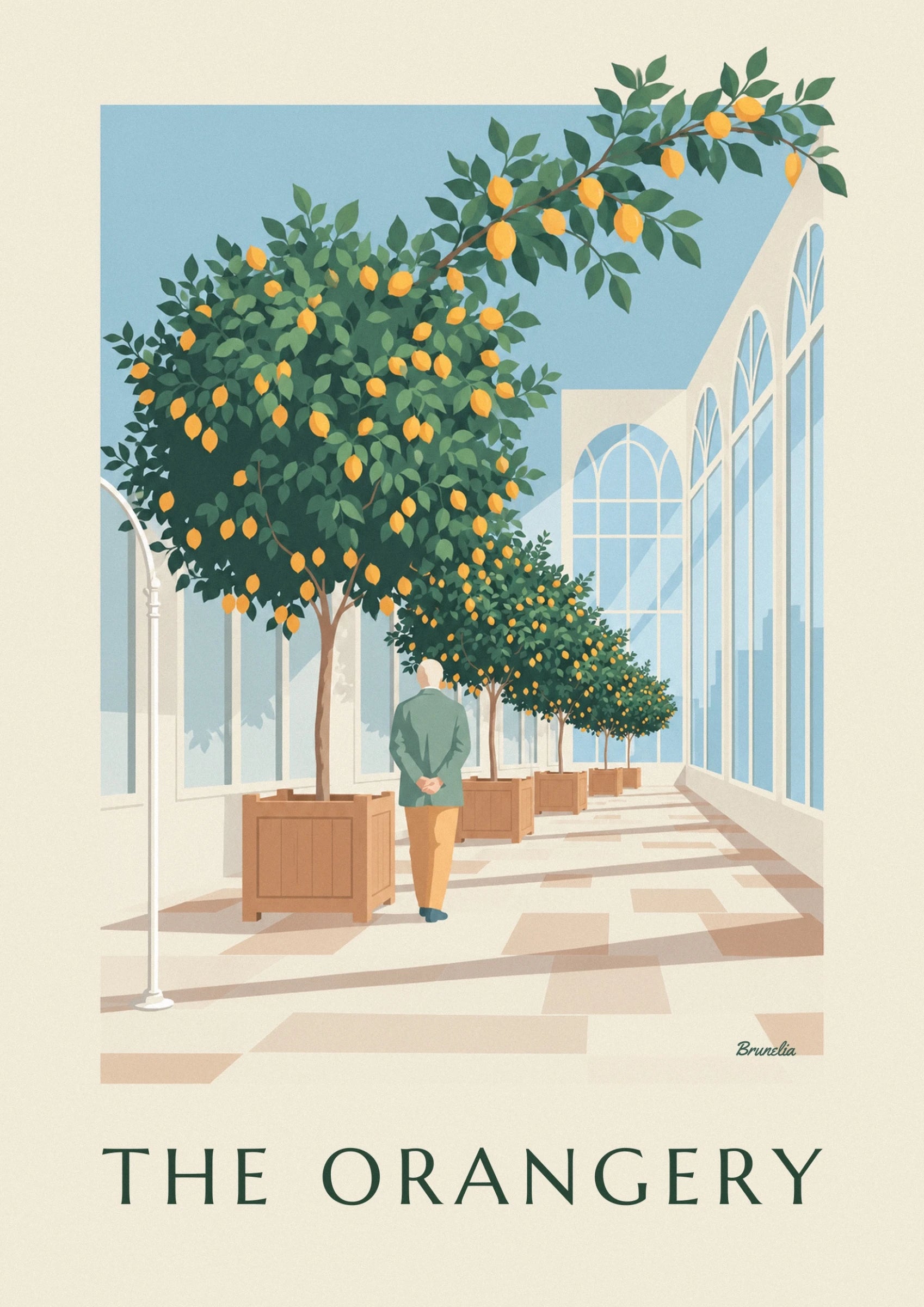 Un homme de dos en veste verte et pantalon ocre, les mains derrière le dos