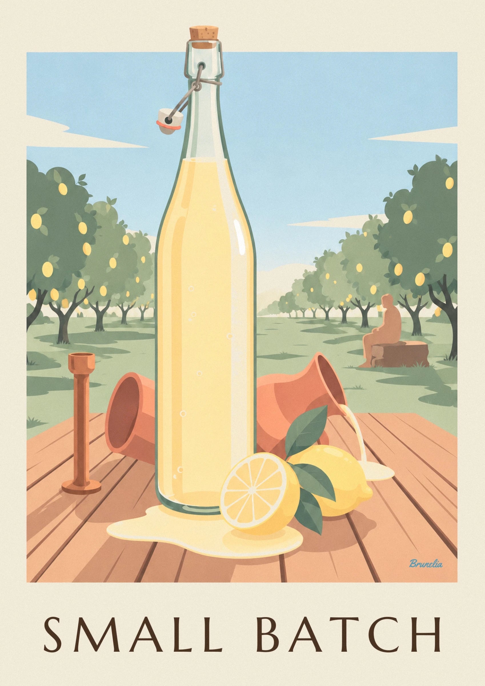 Un citron coupé et un citron entier avec leurs feuilles, devant la cruche en terre cuite