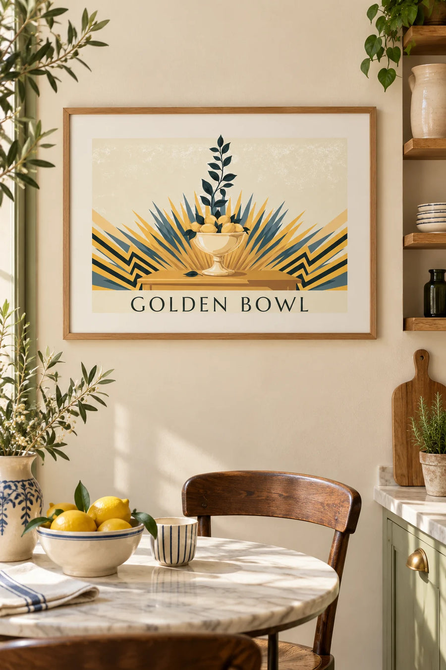 Affiche coupe à fruits remplie de citrons et motifs géométriques : encadrée au mur