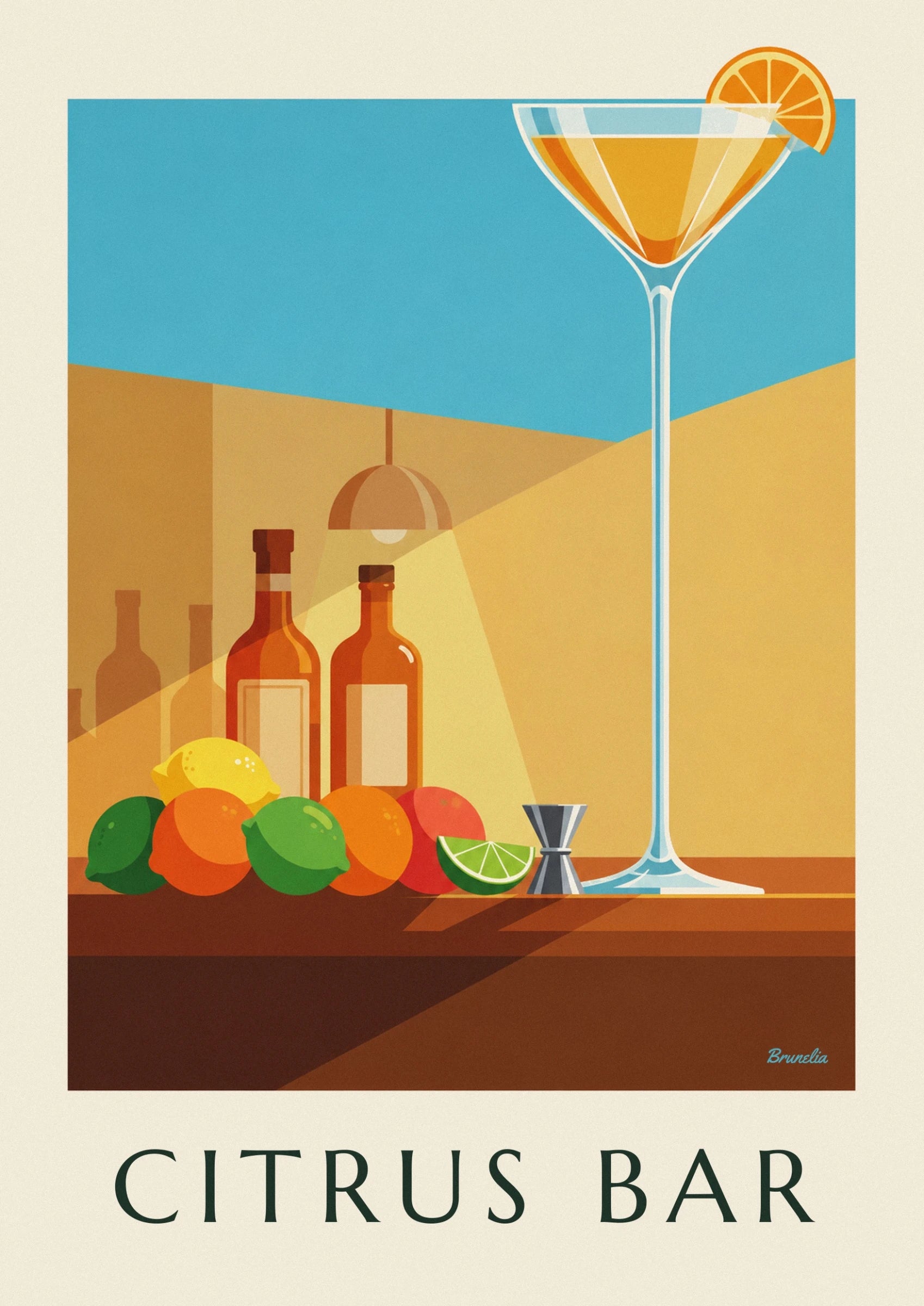 The crystal coupe holding a golden cocktail, garnished with an orange slice against a blue background