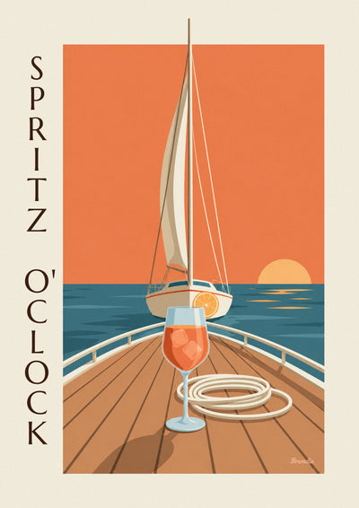 Affiche spritz sur le pont d'un voilier au coucher du soleil : l'affiche entière