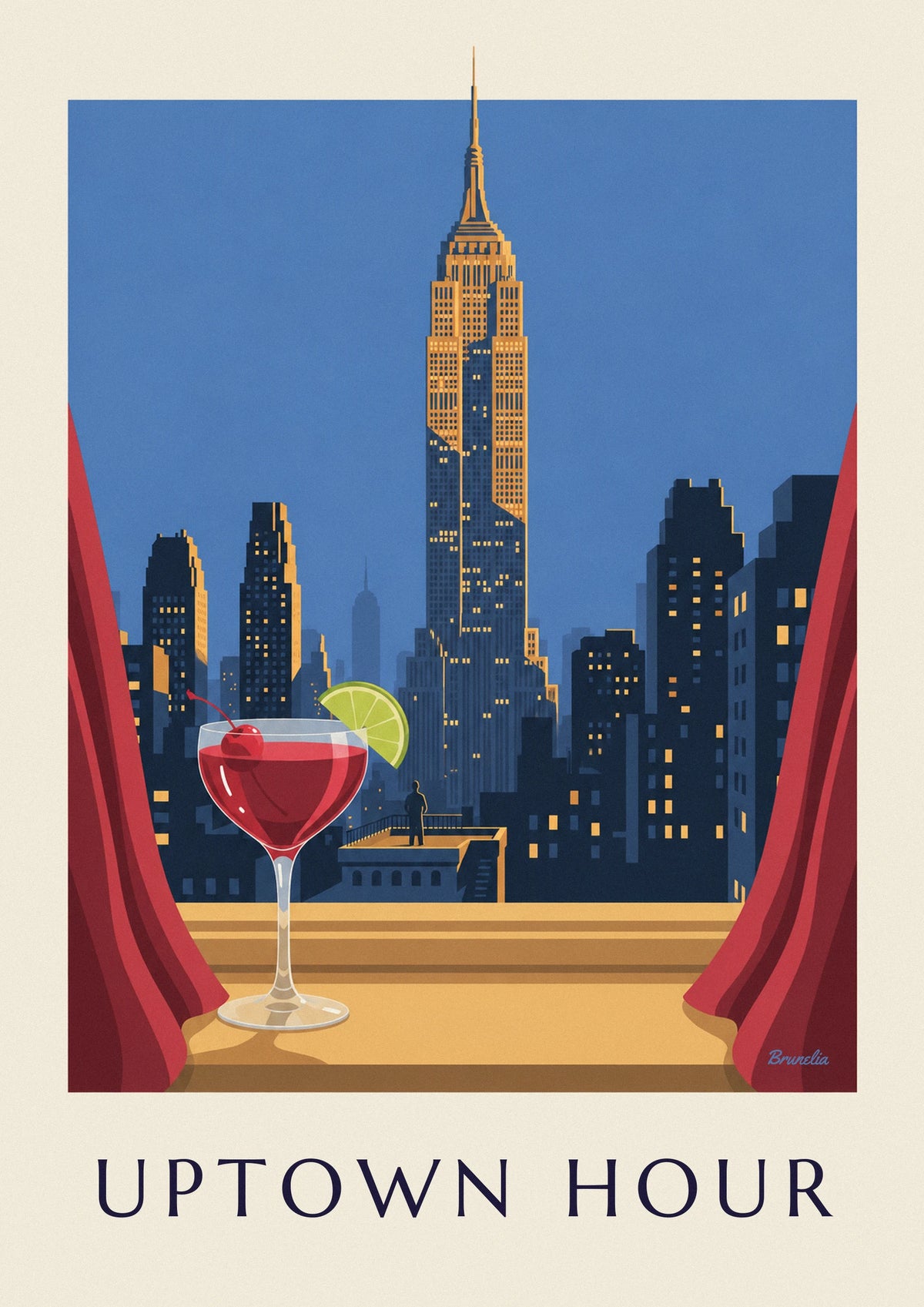 Affiche cocktail rouge à la cerise face à l'Empire State Building