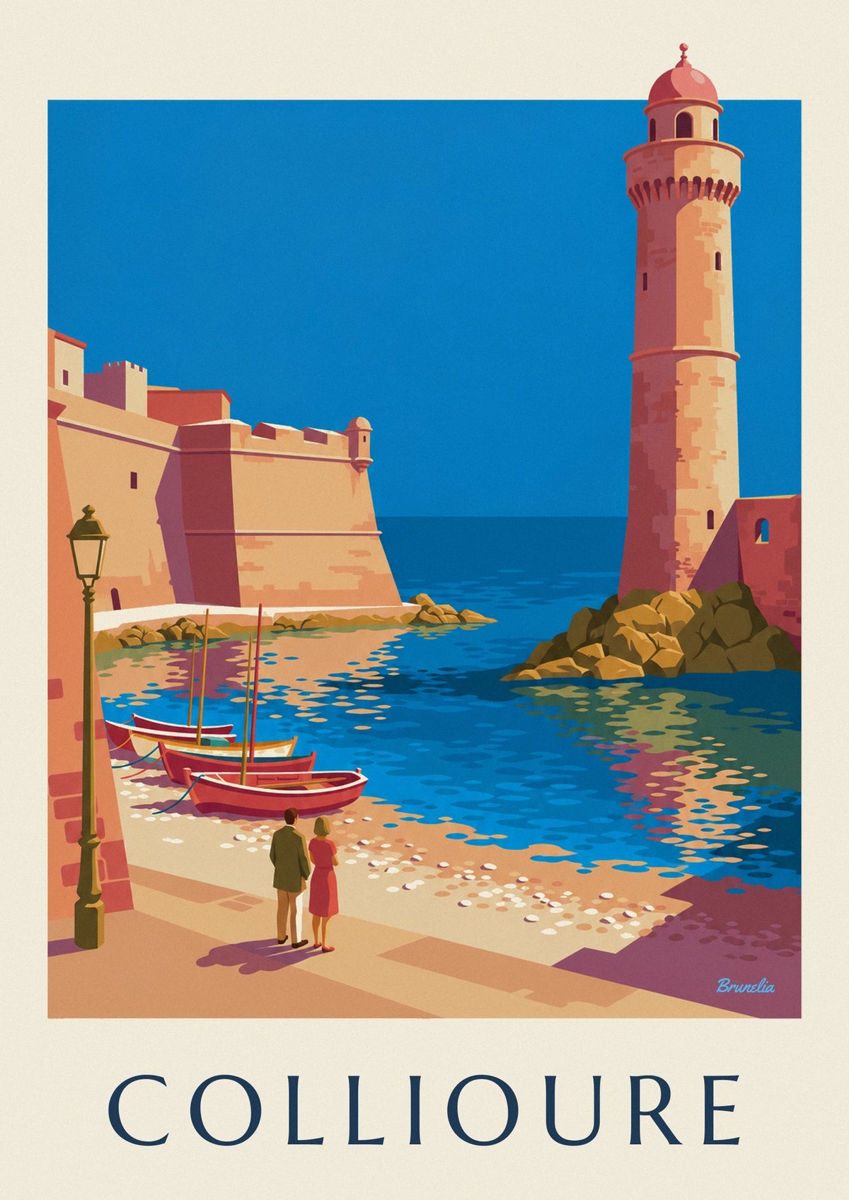 Collioure royal castle and bell tower by the bay poster