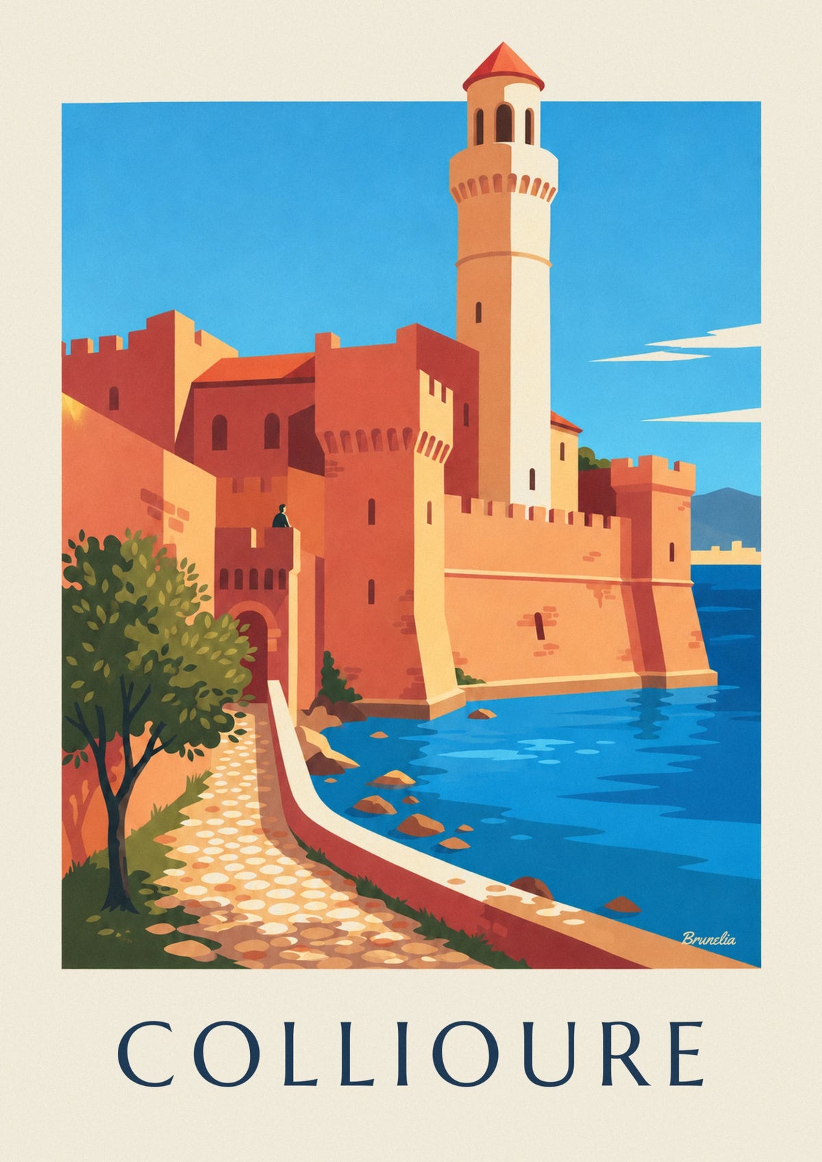 Affiche château royal et clocher de Collioure au bord de la baie