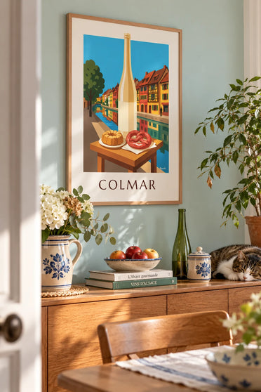 Poster of half-timbered houses in Colmar, kougelhopf and Alsace wine: framed on the wall