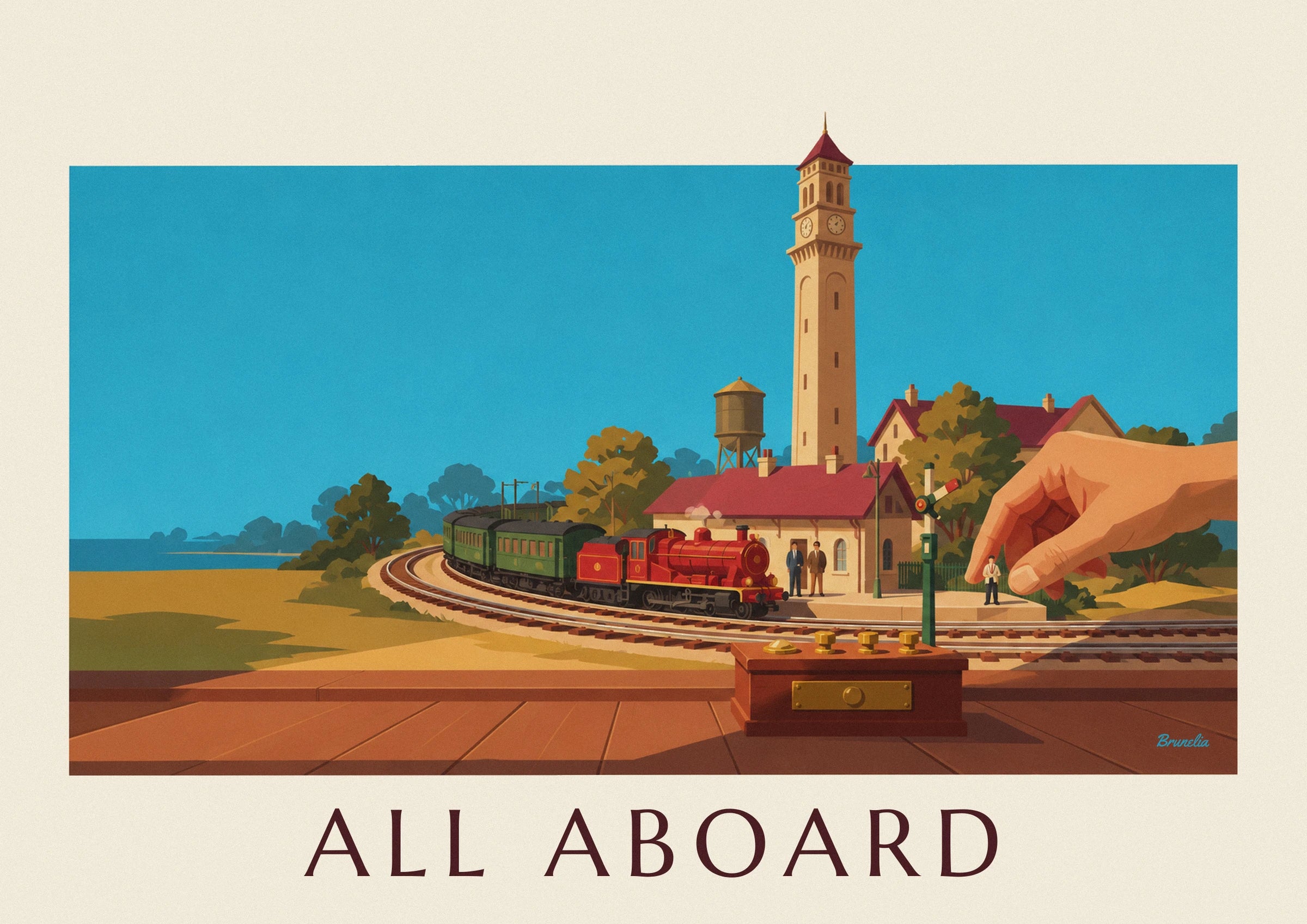 Poster elektrische miniatuurtrein en modelspoorstation: detail in close-up