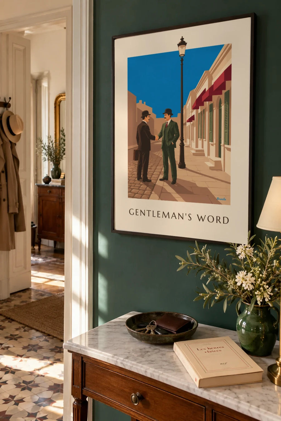 Poster man met snor, bolhoed en bord: ingelijst aan de muur