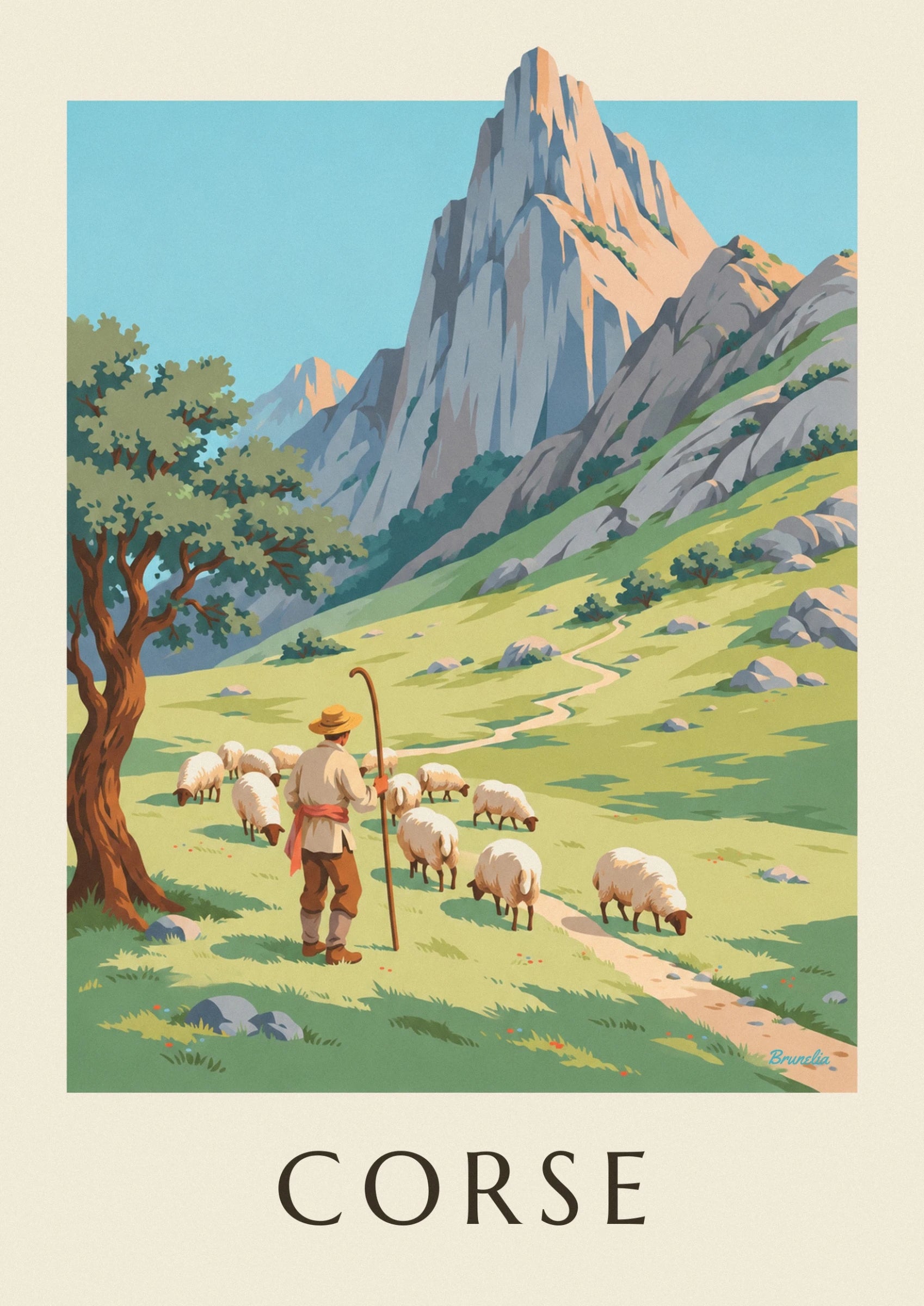 Le berger au chapeau de paille, sa longue houlette et ses moutons dans l’herbe